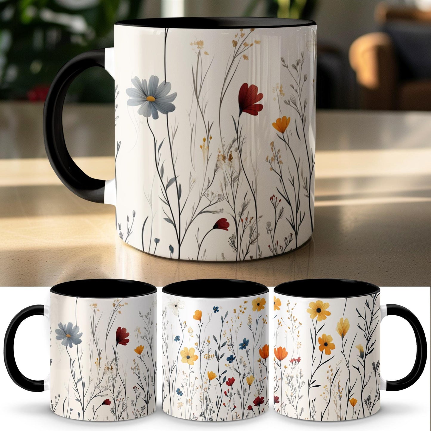 Wildflower Art Mug, Colorful Nature Coffee Cup, 11oz & 15oz Ceramic Mug, Floral Design Mug, Gift for Nature Lovers