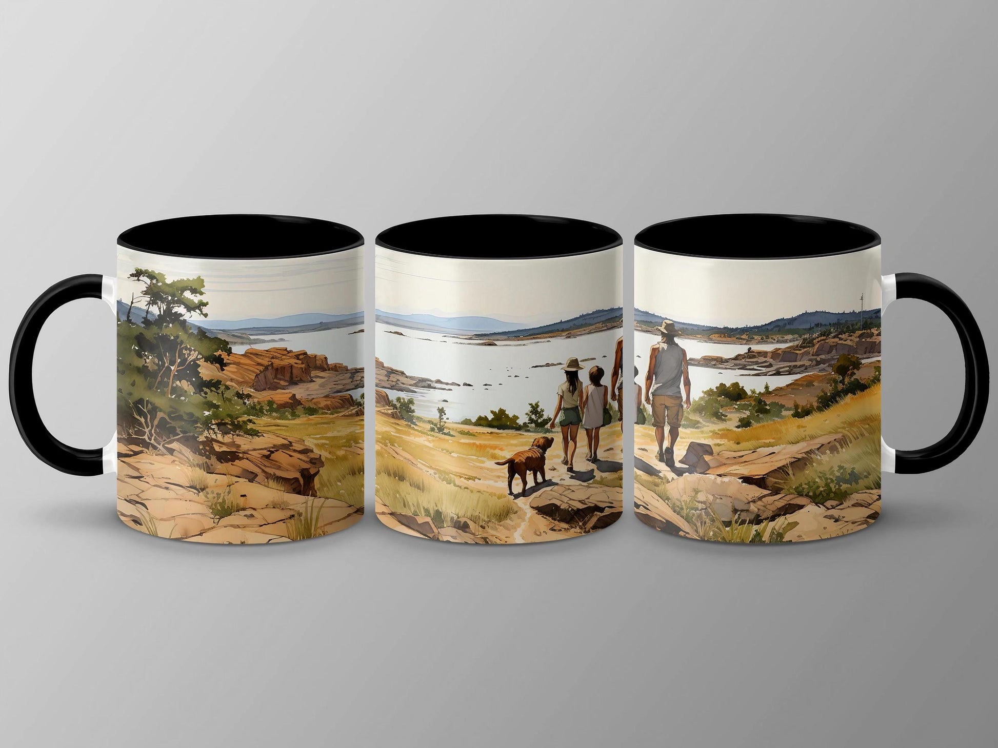 Family Lake Walk Mug, Watercolor Art Coffee Cup, 11oz & 15oz Ceramic Mug, White or Accent Colors, Nature Lover Gift