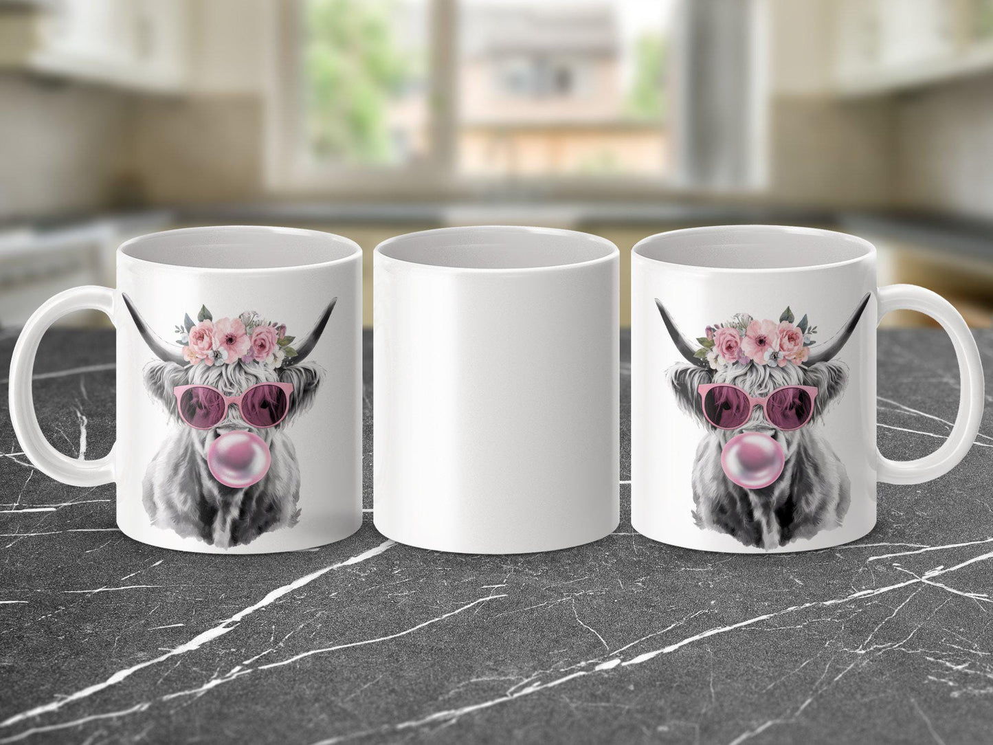 Highland Cow Mug with Flower Crown, Bubblegum Art Coffee Cup, 11oz & 15oz Ceramic Mug, Unique Farm Animal Gift