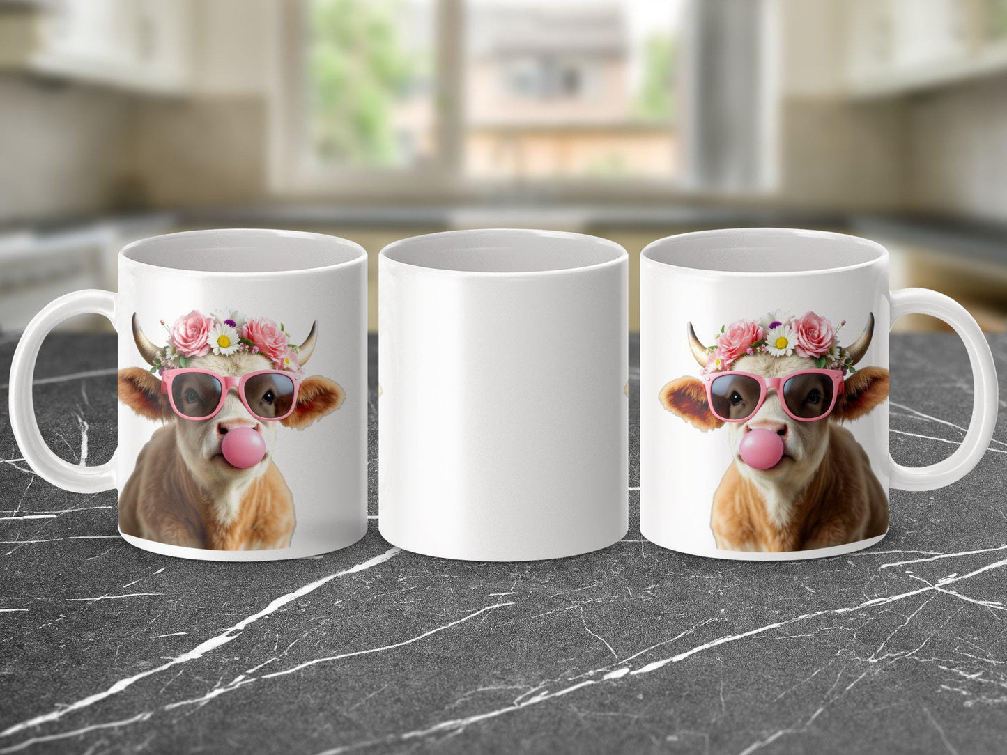 Flower Crown Baby Cow Mug, Bubblegum Art Coffee Cup, 11oz & 15oz Ceramic Mug, Adorable Farm Animal Gift