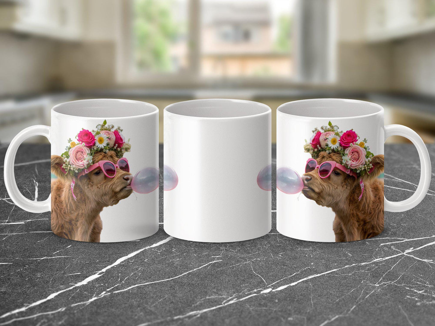 Highland Cow with Flower Crown Mug, Bubblegum Art Design, 11oz & 15oz Ceramic Mug, Farm Animal Coffee Cup