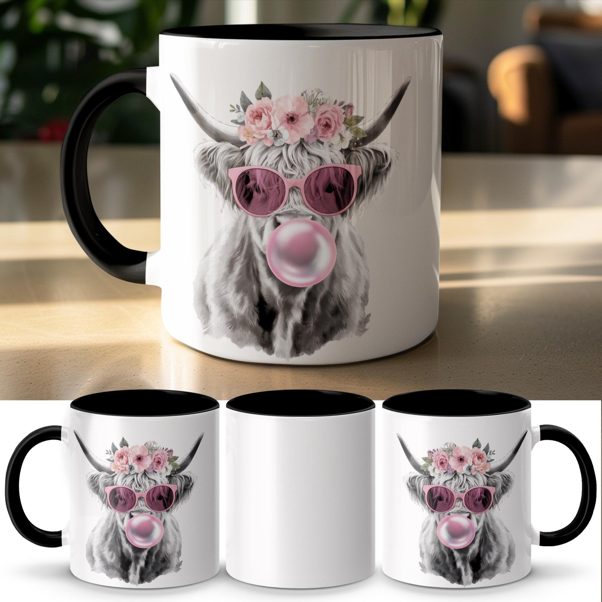 Highland Cow Mug with Flower Crown, Bubblegum Art Coffee Cup, 11oz & 15oz Ceramic Mug, Unique Farm Animal Gift