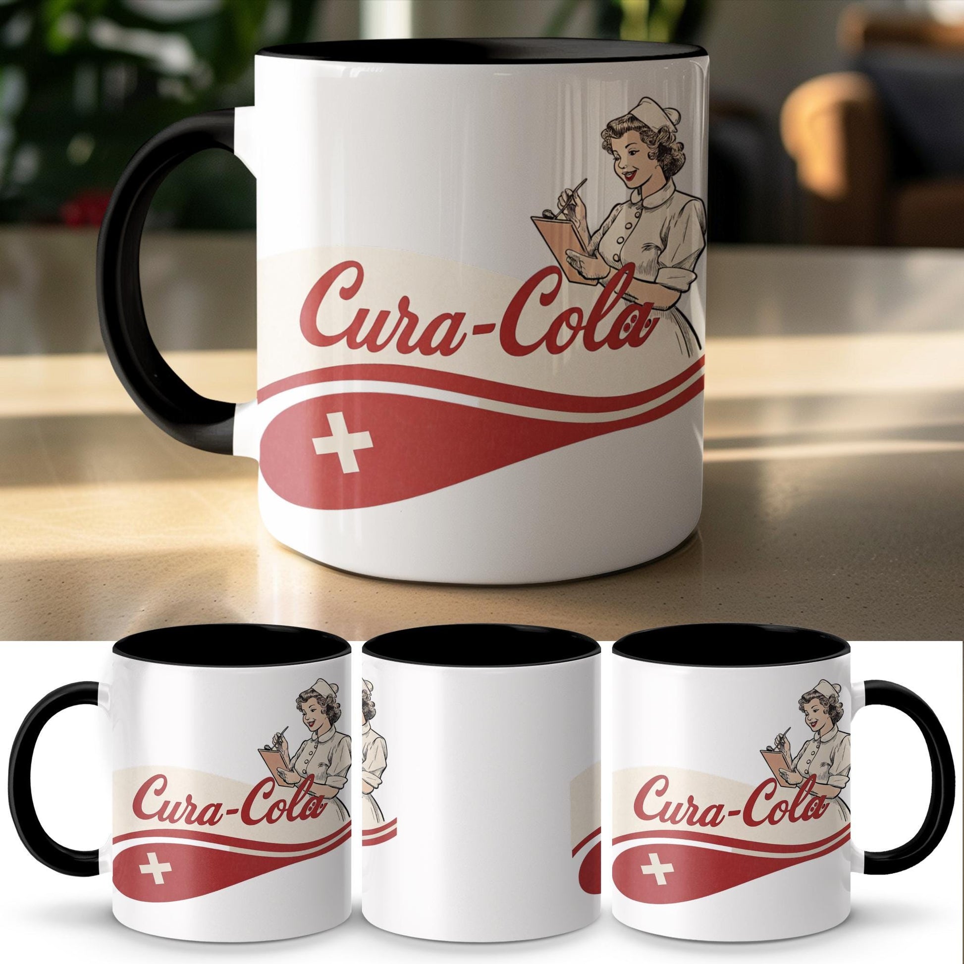 Cura-Cola Retro Nurse Mug, Vintage Coffee Cup, 11oz & 15oz Ceramic Mug, Nurse Appreciation Gift, Fun Healthcare Humor