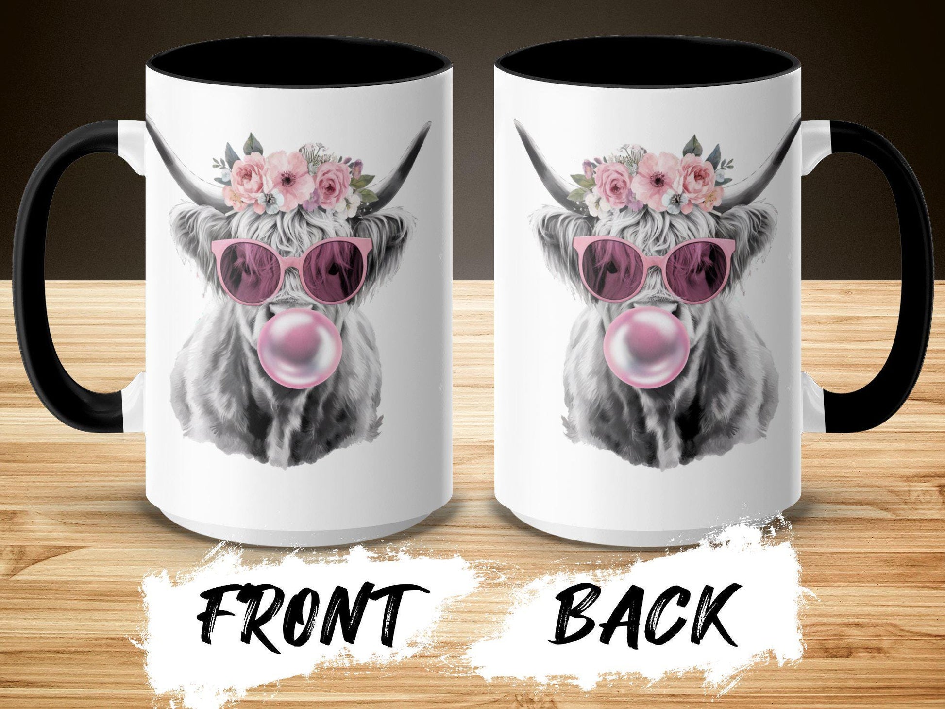 Highland Cow Mug with Flower Crown, Bubblegum Art Coffee Cup, 11oz & 15oz Ceramic Mug, Unique Farm Animal Gift