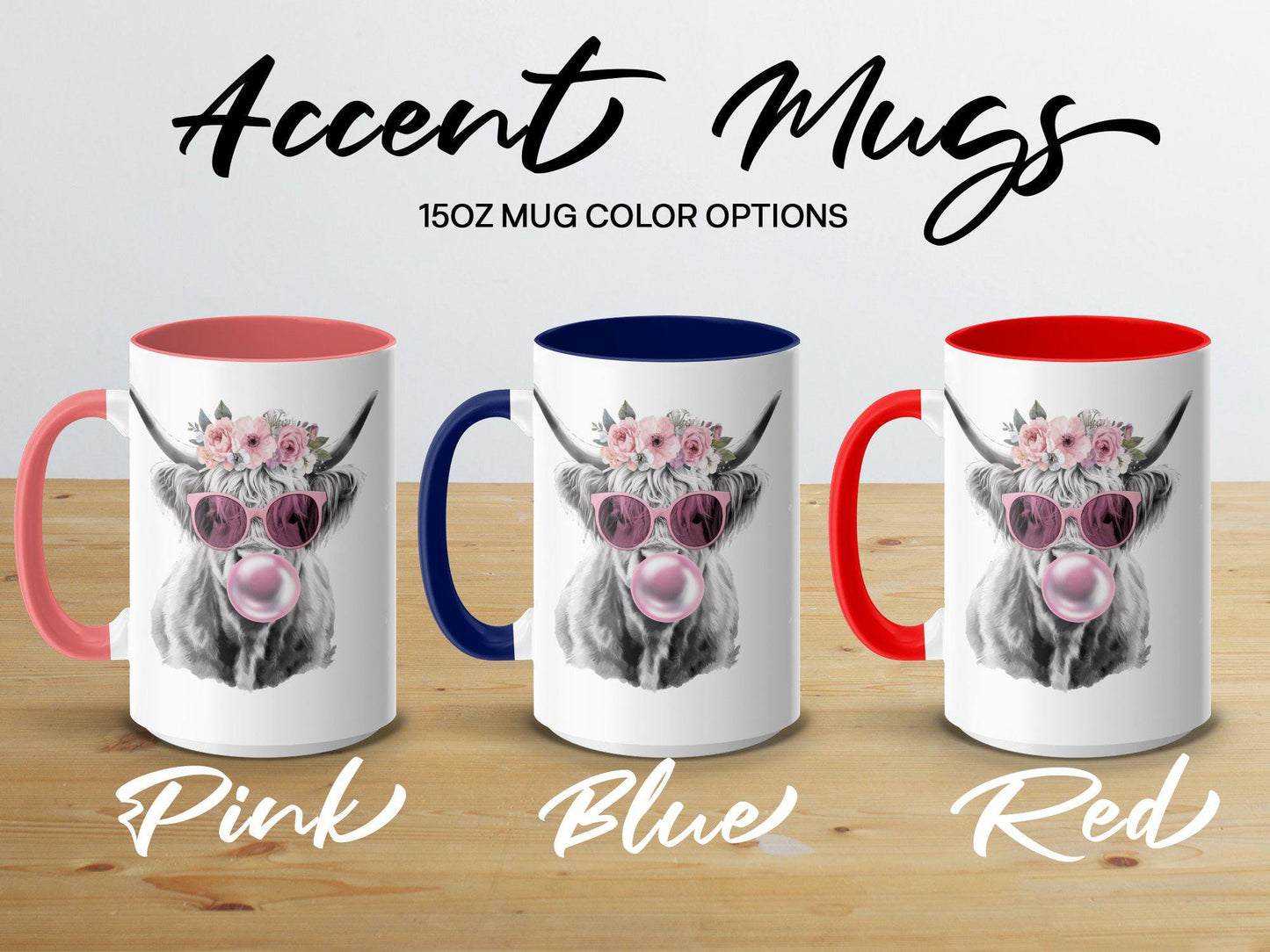 Highland Cow Mug with Flower Crown, Bubblegum Art Coffee Cup, 11oz & 15oz Ceramic Mug, Unique Farm Animal Gift