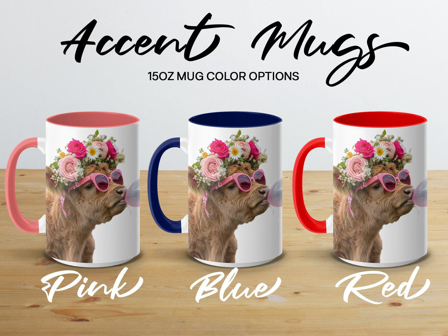 Highland Cow with Flower Crown Mug, Bubblegum Art Design, 11oz & 15oz Ceramic Mug, Farm Animal Coffee Cup