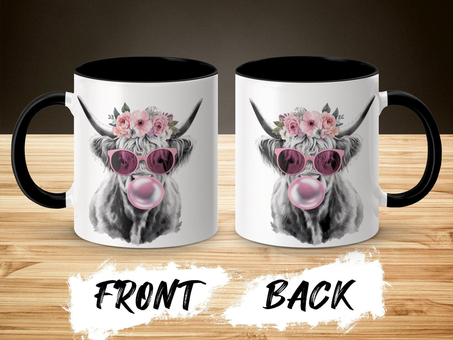 Highland Cow Mug with Flower Crown, Bubblegum Art Coffee Cup, 11oz & 15oz Ceramic Mug, Unique Farm Animal Gift