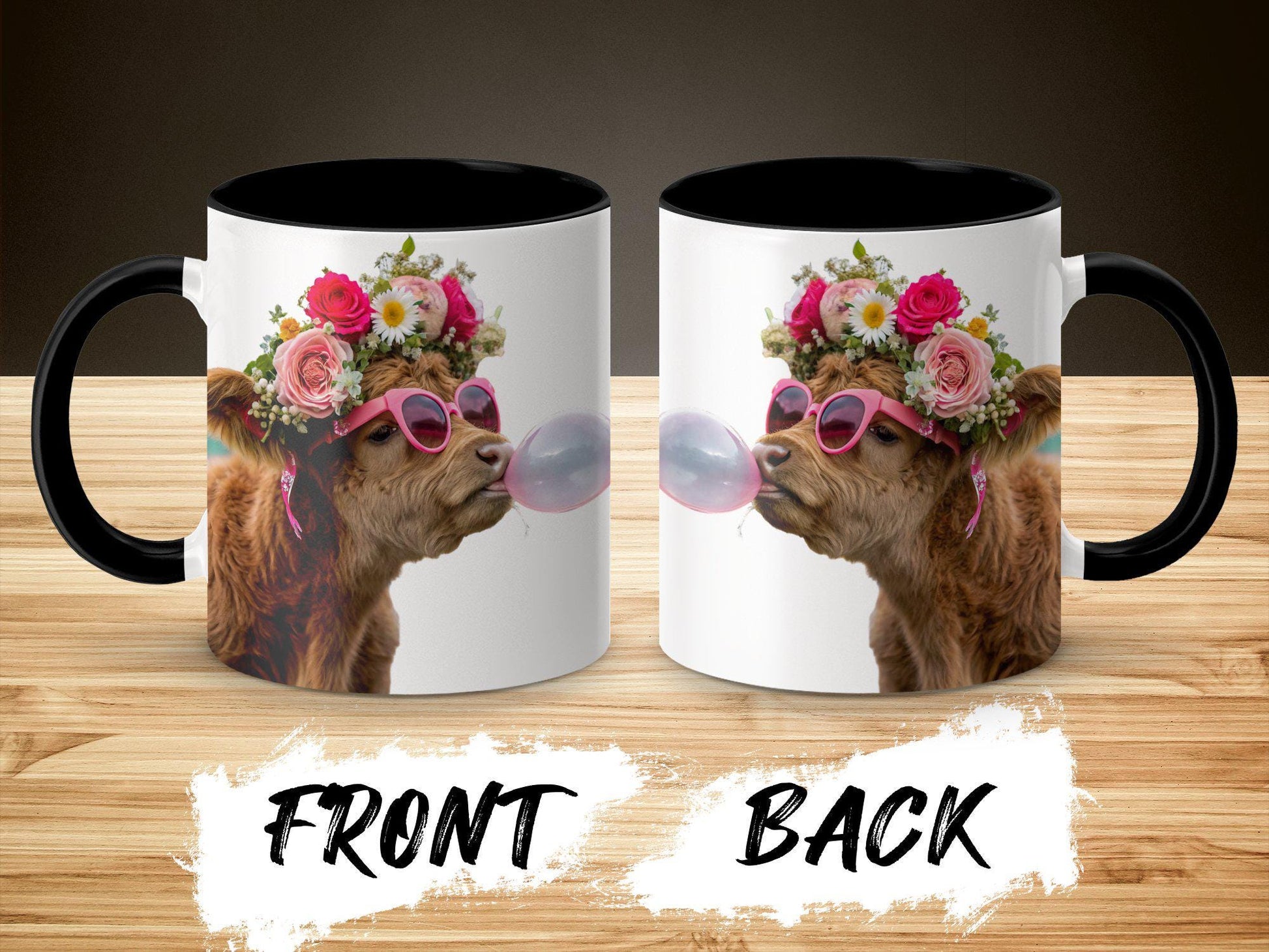 Highland Cow with Flower Crown Mug, Bubblegum Art Design, 11oz & 15oz Ceramic Mug, Farm Animal Coffee Cup