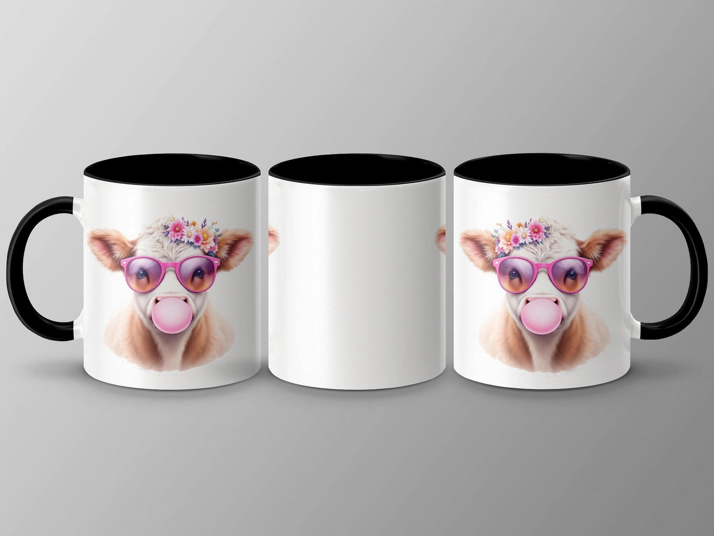 Floral Cow with Sunglasses Mug, Adorable Bubblegum Design, 11oz & 15oz Ceramic Mug, Fun Farm Animal Coffee Cup