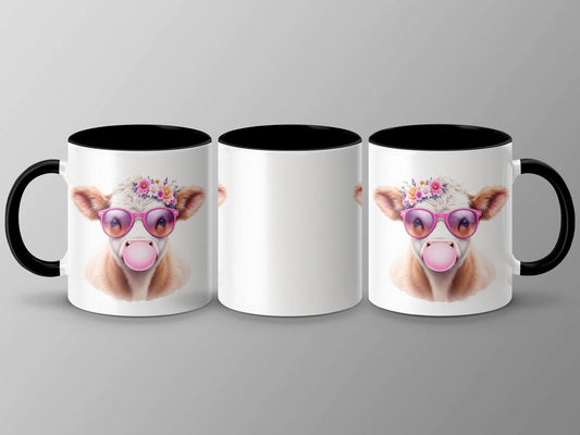 Floral Cow with Sunglasses Mug, Adorable Bubblegum Design, 11oz & 15oz Ceramic Mug, Fun Farm Animal Coffee Cup