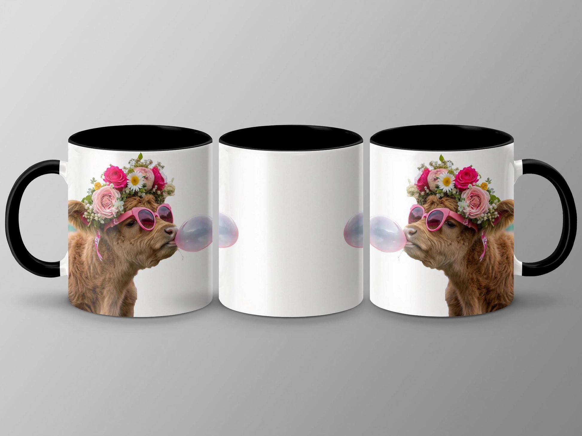 Highland Cow with Flower Crown Mug, Bubblegum Art Design, 11oz & 15oz Ceramic Mug, Farm Animal Coffee Cup