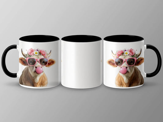 Flower Crown Baby Cow Mug, Bubblegum Art Coffee Cup, 11oz & 15oz Ceramic Mug, Adorable Farm Animal Gift