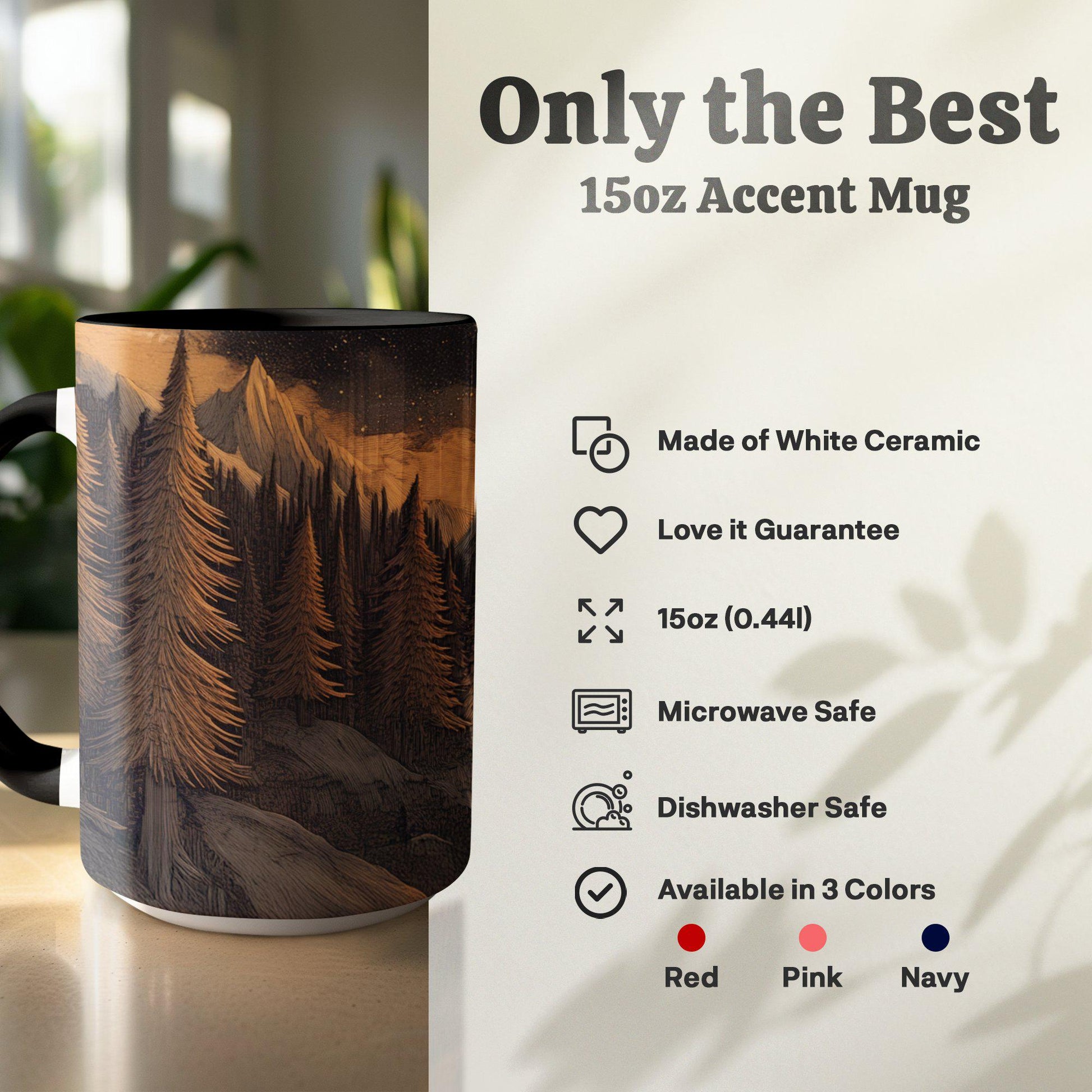 Scenic Mountain Forest and Moon Mug, Nature Inspired Coffee Cup, Unique Artistic Gift, Outdoor Adventure Drinkware, Ceramic Mug