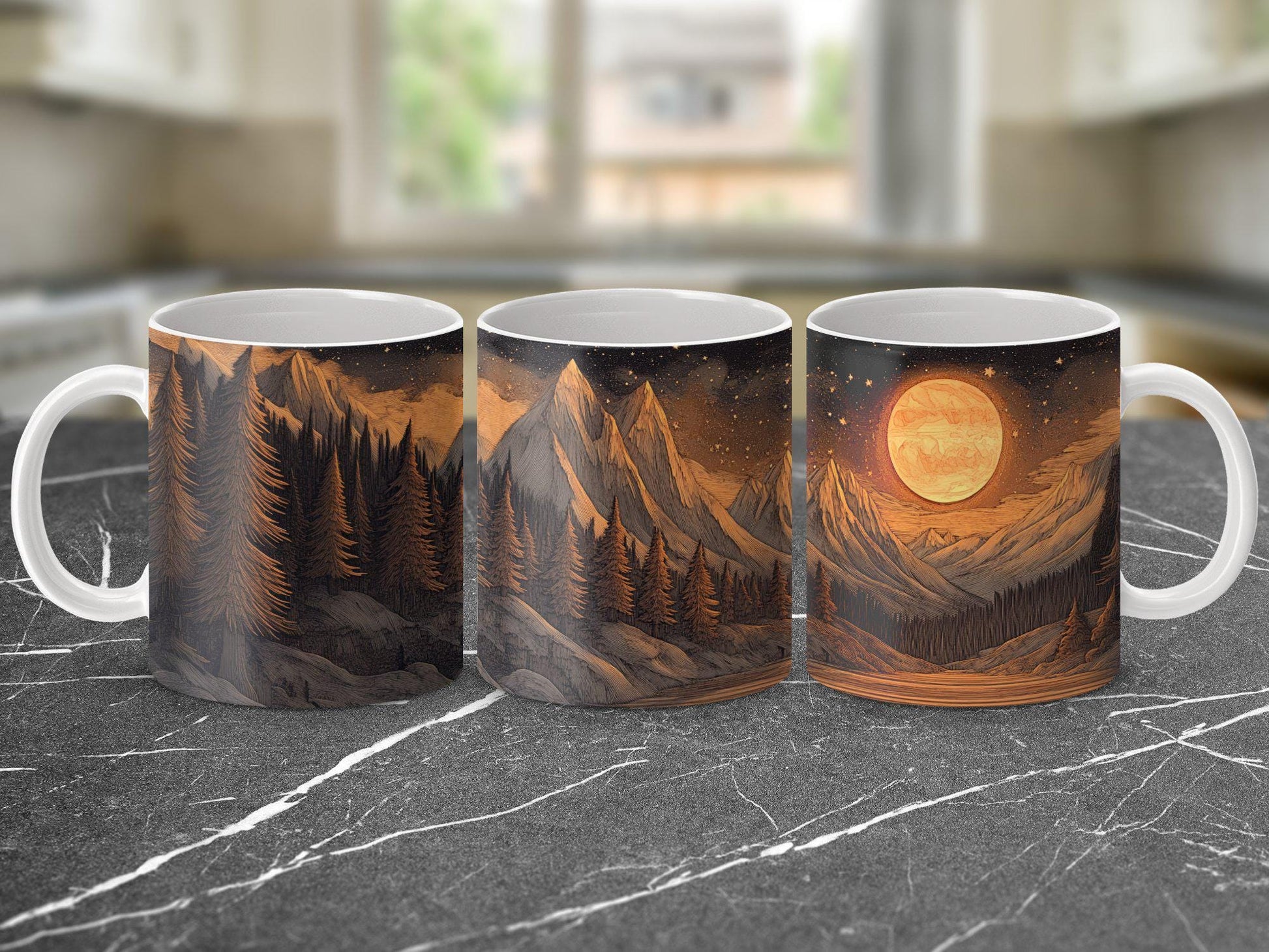 Scenic Mountain Forest and Moon Mug, Nature Inspired Coffee Cup, Unique Artistic Gift, Outdoor Adventure Drinkware, Ceramic Mug