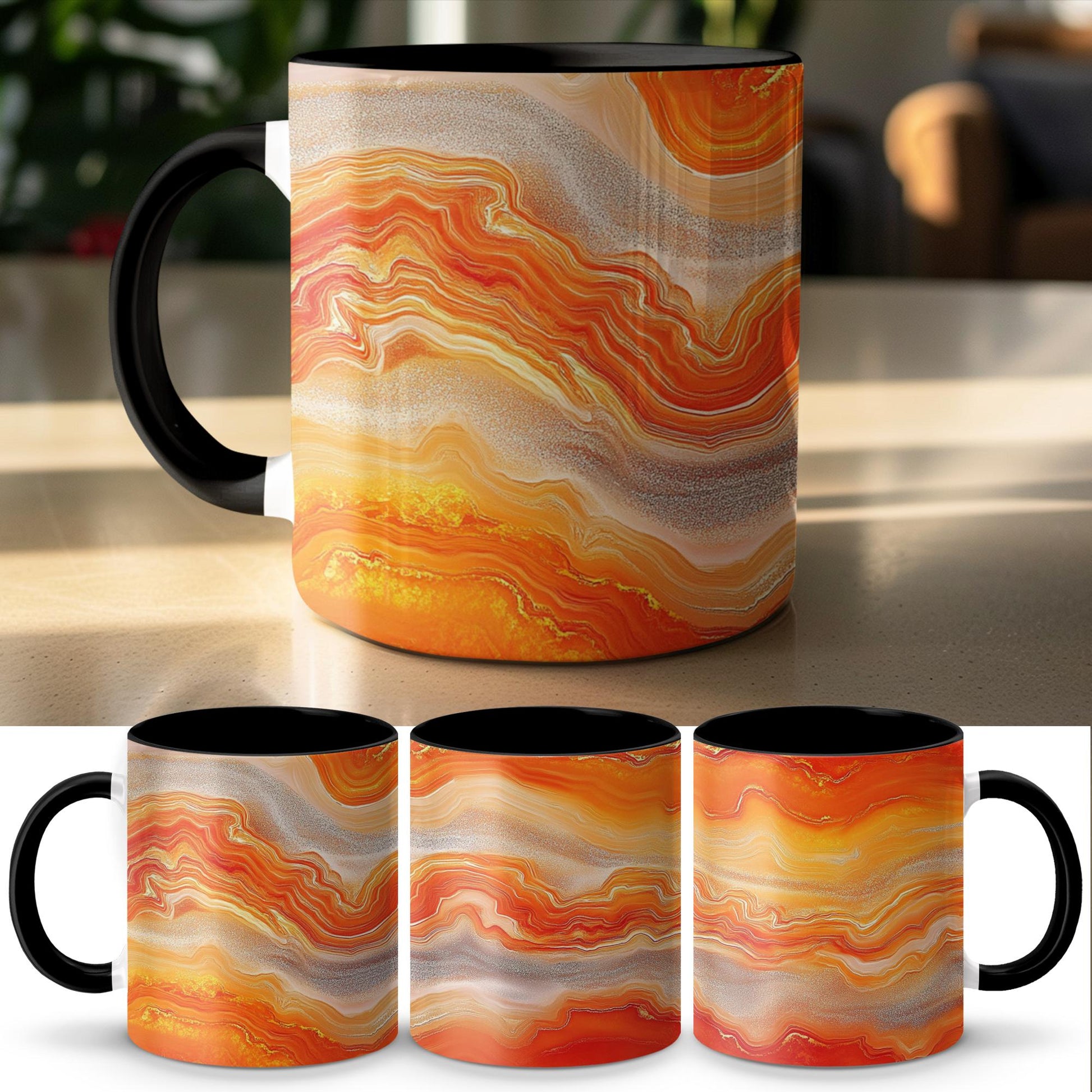 Orange Swirl Agate Wrap-Around Mug, 11oz & 15oz Ceramic Coffee Cup, Vibrant Gemstone Design, Artistic Gift