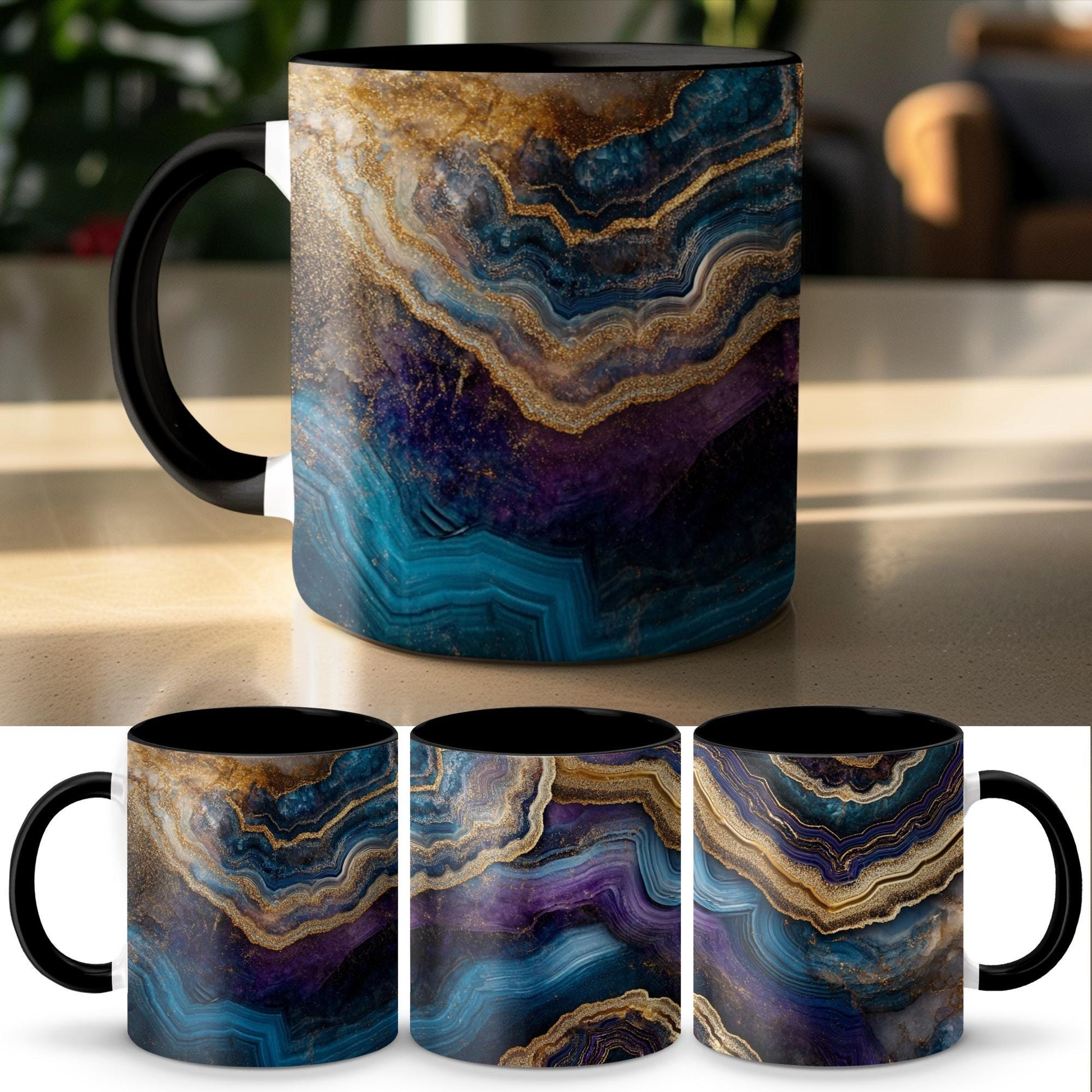 Blue & Gold Agate Wrap-Around Mug, 11oz 15oz Ceramic Coffee Cup, Stunning Swirl Design, Artistic Gift