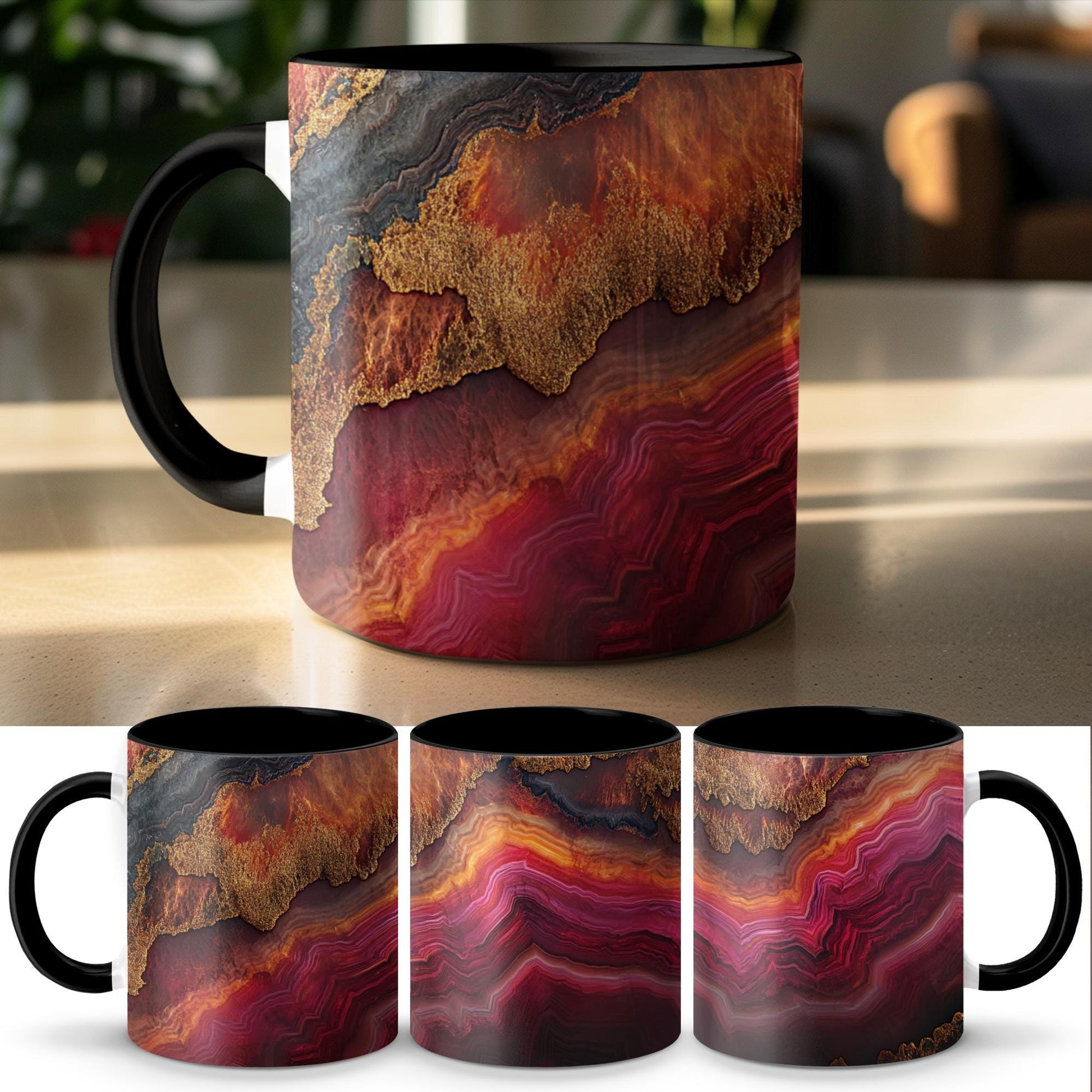 Fiery Agate Wrap-Around Mug, 11oz 15oz Ceramic Coffee Cup, Bold Geode Design with Rich Reds & Gold Accents, Unique Gift Idea