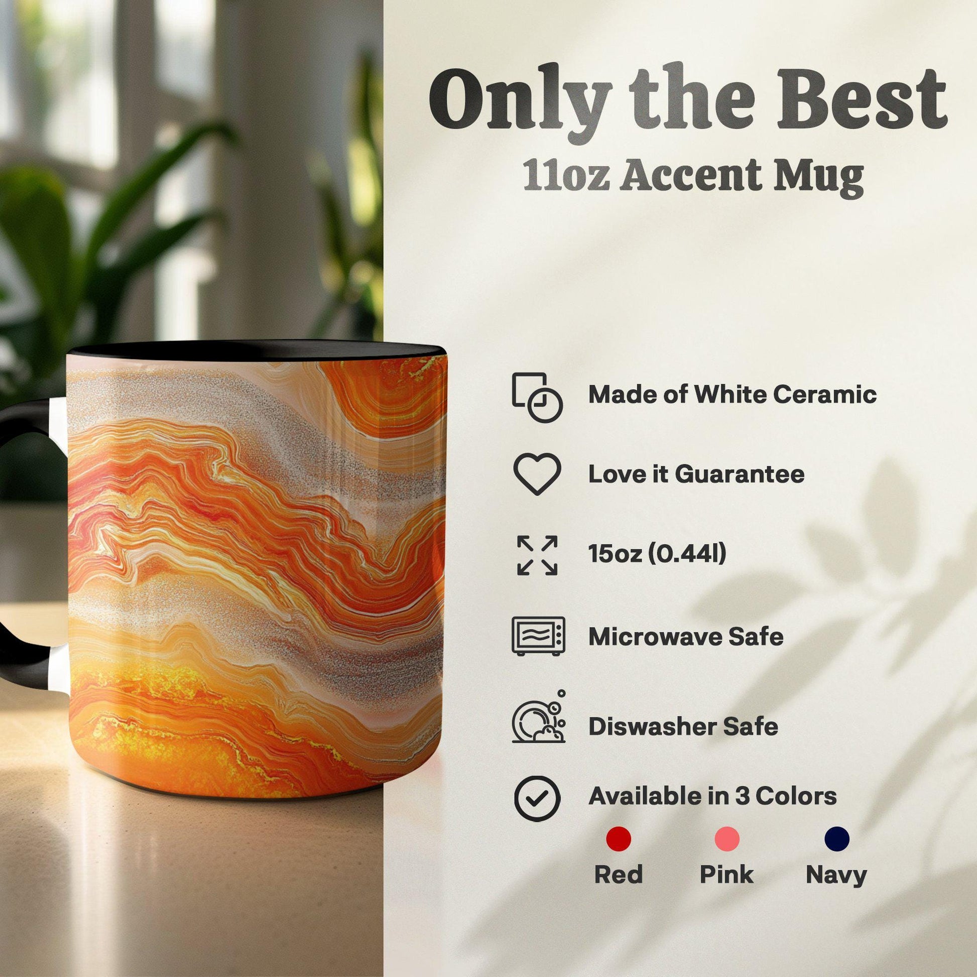 Orange Swirl Agate Wrap-Around Mug, 11oz & 15oz Ceramic Coffee Cup, Vibrant Gemstone Design, Artistic Gift