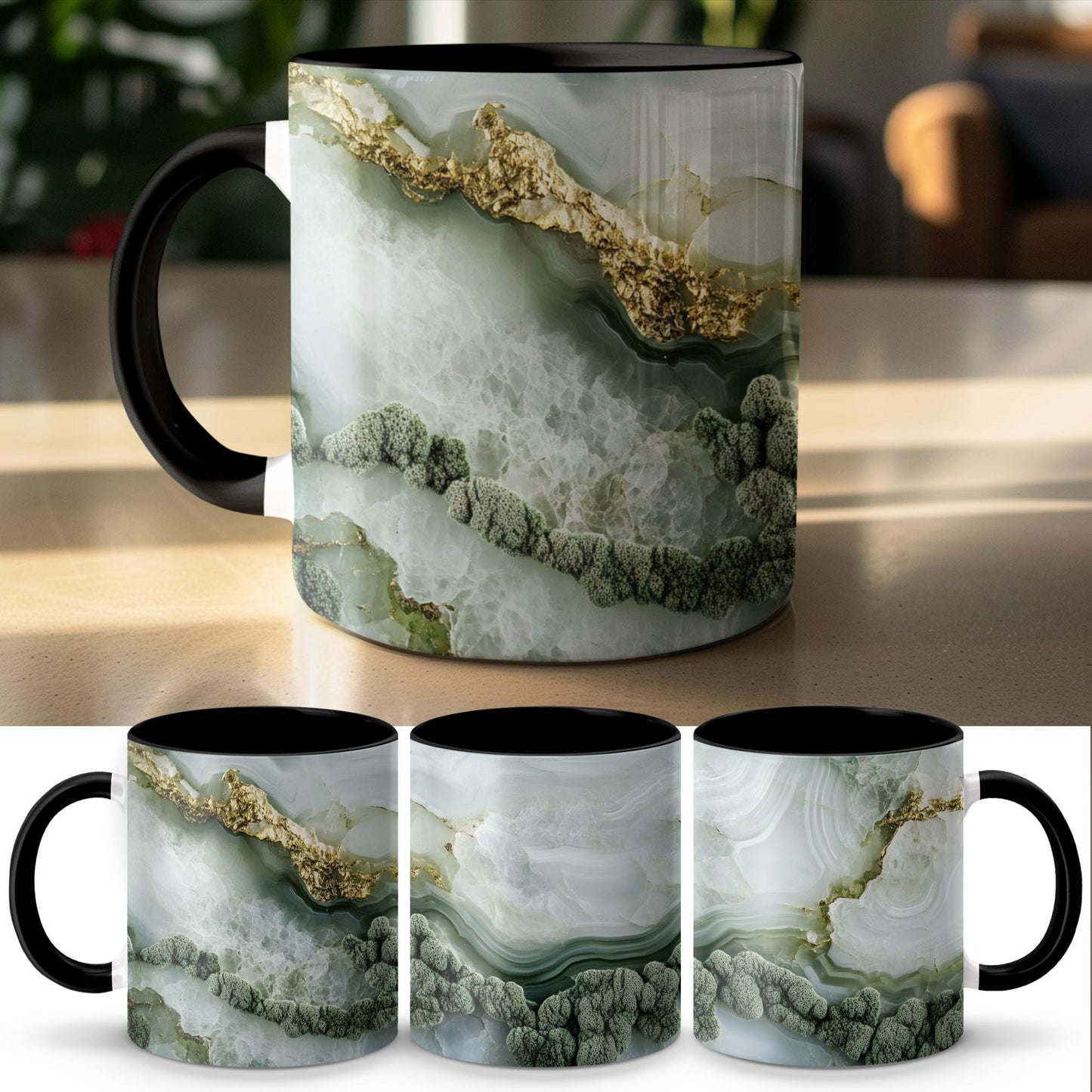 Emerald Agate Wrap-Around Mug, 11oz & 15oz Ceramic Coffee Cup, Nature-Inspired Green Geode Design, Unique Gift for Him or Her