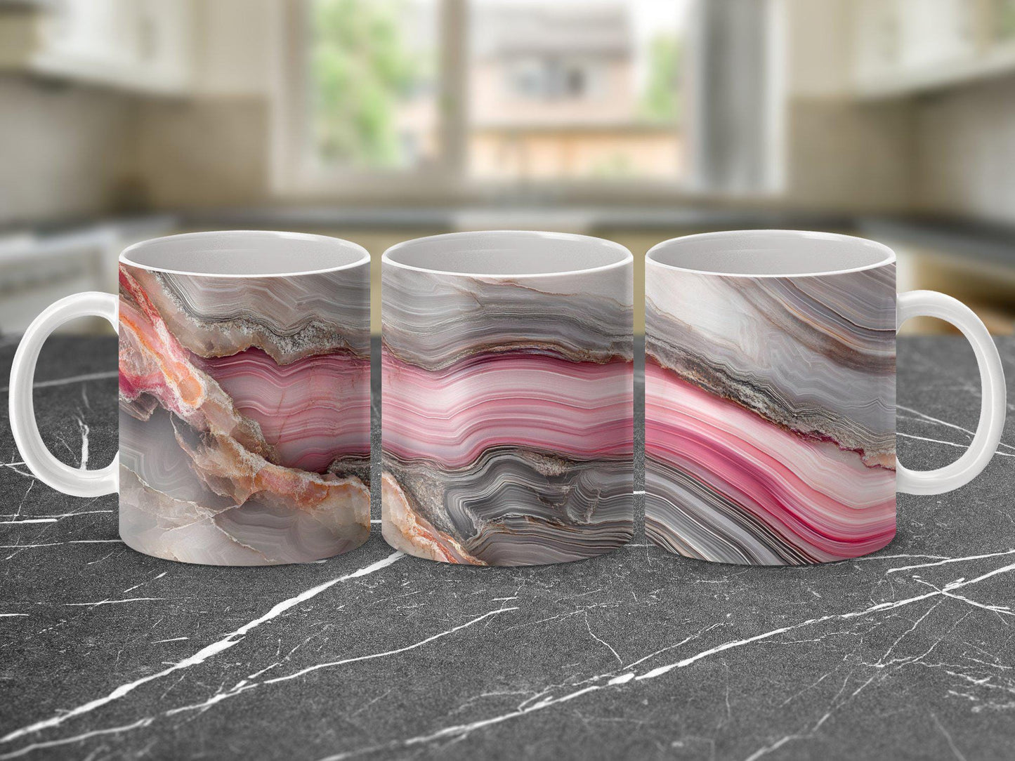 Pink Elegance Agate Wrap-Around Mug, 11oz & 15oz Ceramic Coffee Cup, Soft Pastel Hues, Artistic Gift Idea