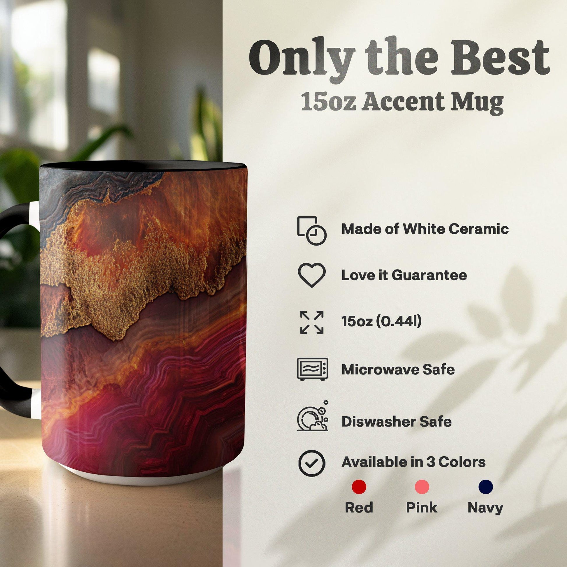 Fiery Agate Wrap-Around Mug, 11oz 15oz Ceramic Coffee Cup, Bold Geode Design with Rich Reds & Gold Accents, Unique Gift Idea