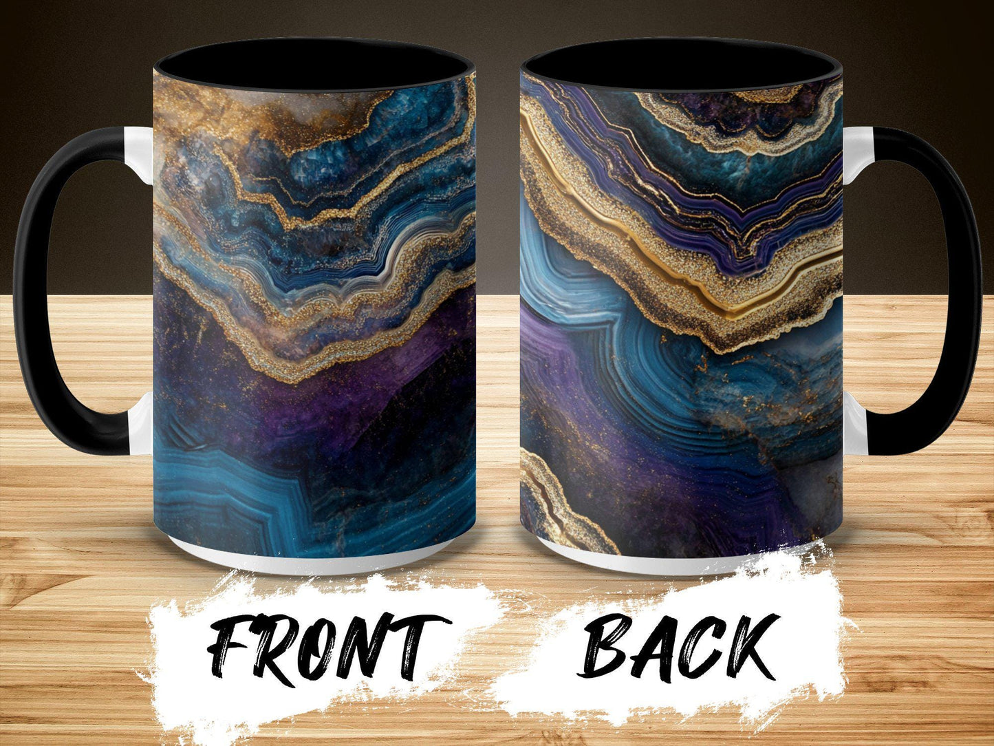 Blue & Gold Agate Wrap-Around Mug, 11oz 15oz Ceramic Coffee Cup, Stunning Swirl Design, Artistic Gift