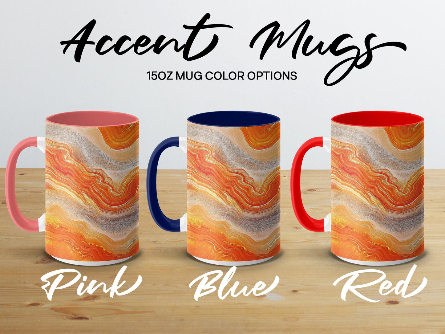 Orange Swirl Agate Wrap-Around Mug, 11oz & 15oz Ceramic Coffee Cup, Vibrant Gemstone Design, Artistic Gift