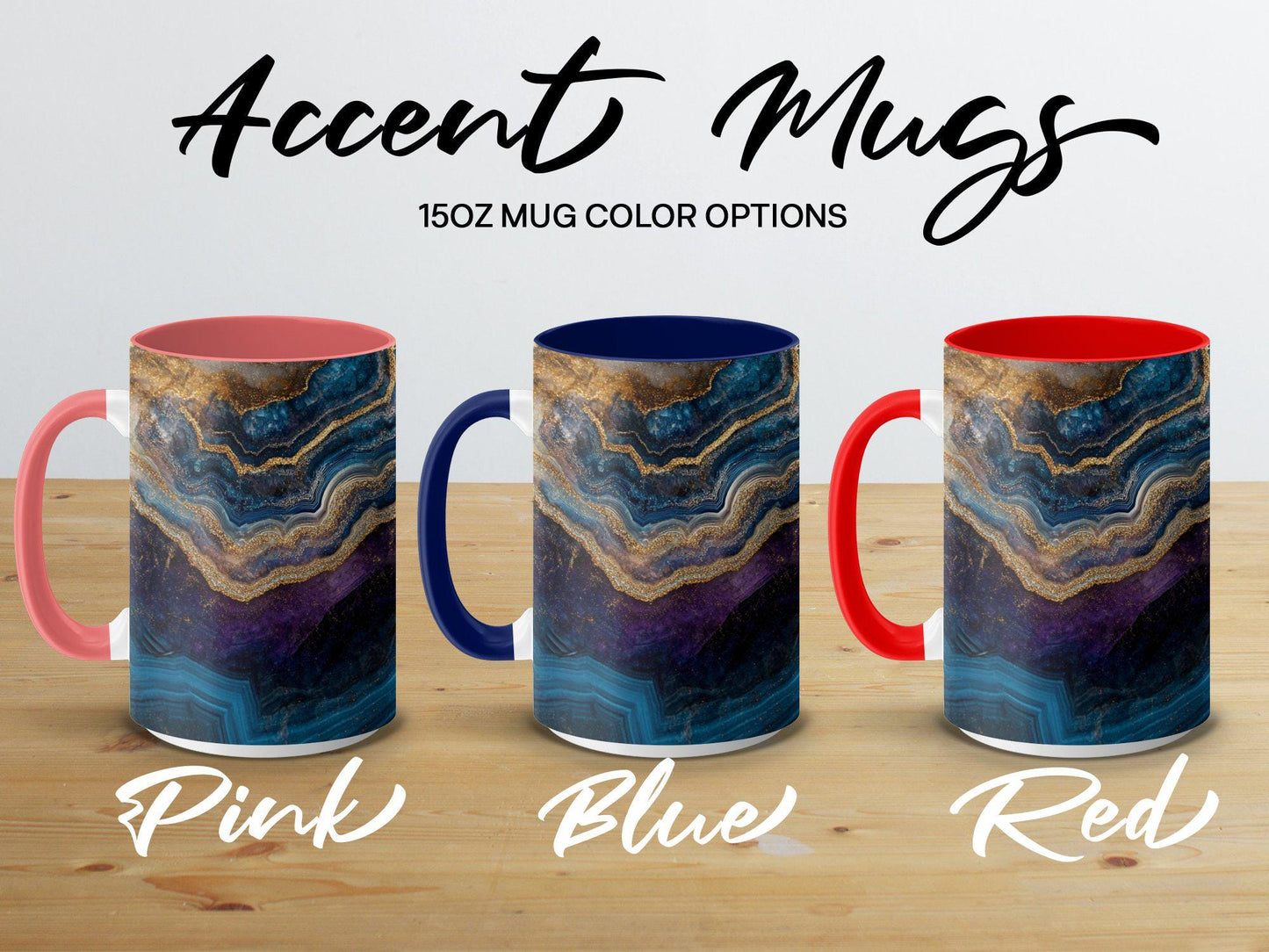 Blue & Gold Agate Wrap-Around Mug, 11oz 15oz Ceramic Coffee Cup, Stunning Swirl Design, Artistic Gift