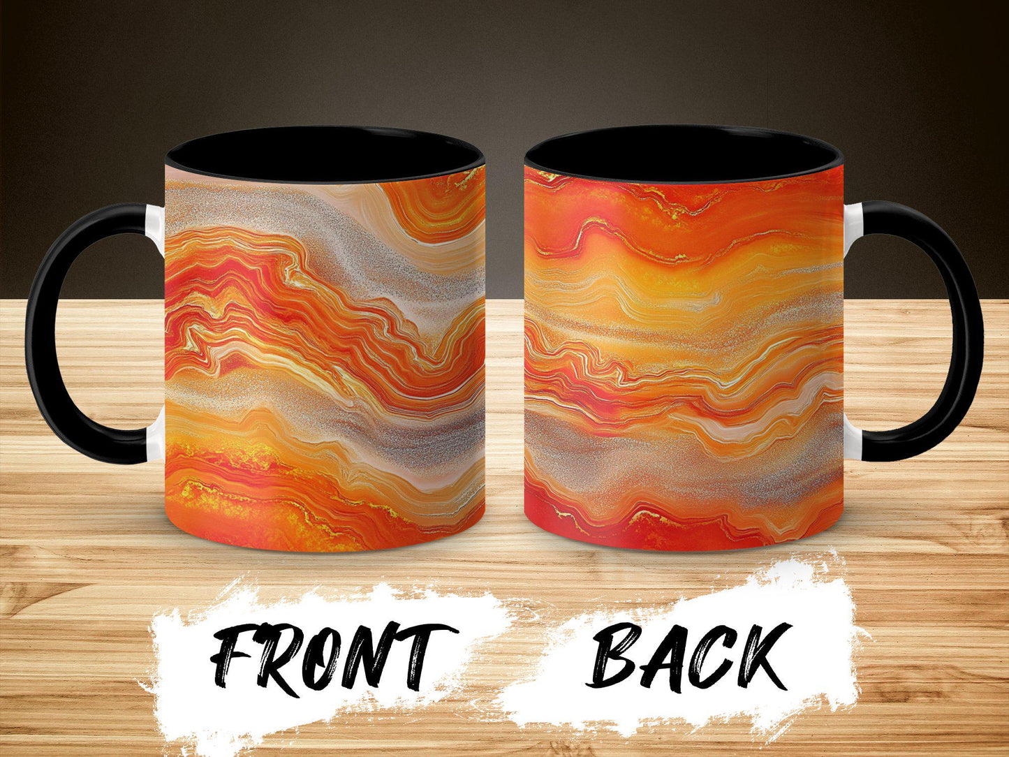 Orange Swirl Agate Wrap-Around Mug, 11oz & 15oz Ceramic Coffee Cup, Vibrant Gemstone Design, Artistic Gift