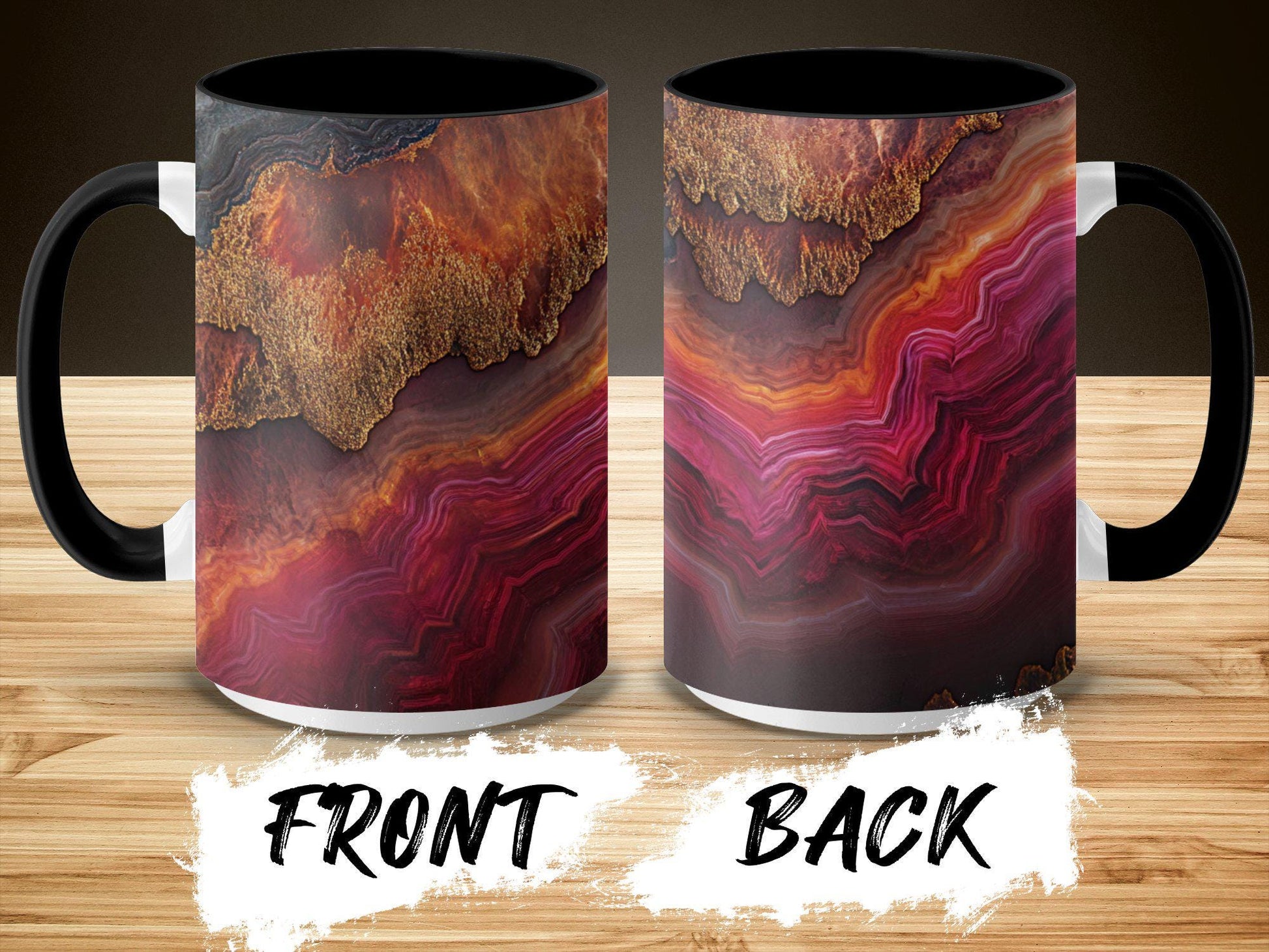 Fiery Agate Wrap-Around Mug, 11oz 15oz Ceramic Coffee Cup, Bold Geode Design with Rich Reds & Gold Accents, Unique Gift Idea