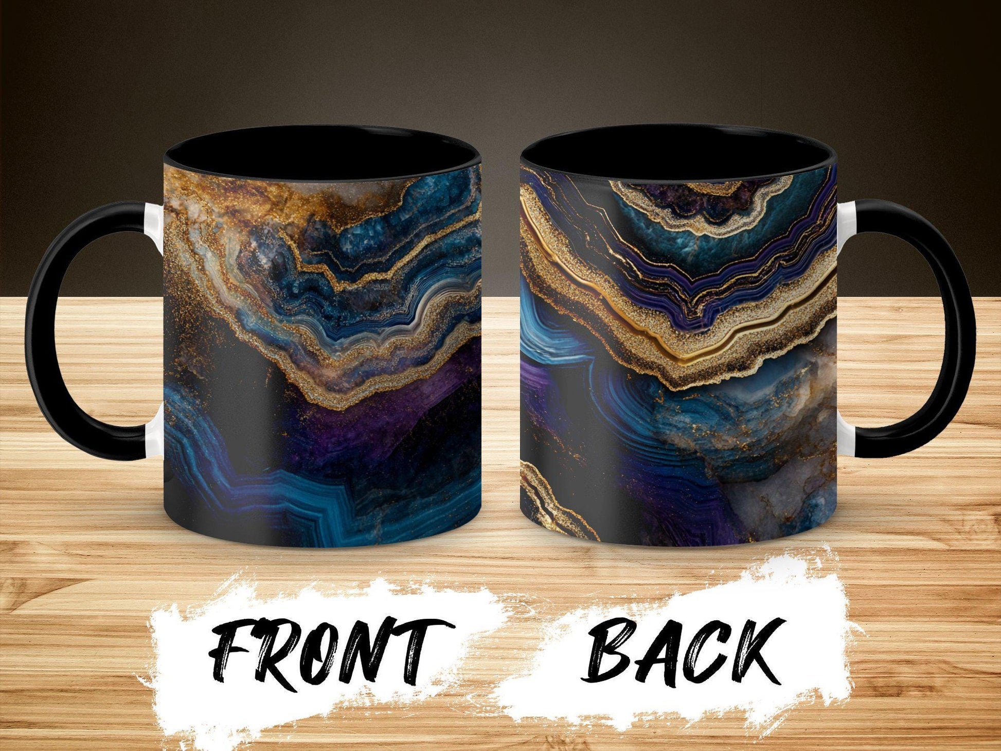 Blue & Gold Agate Wrap-Around Mug, 11oz 15oz Ceramic Coffee Cup, Stunning Swirl Design, Artistic Gift