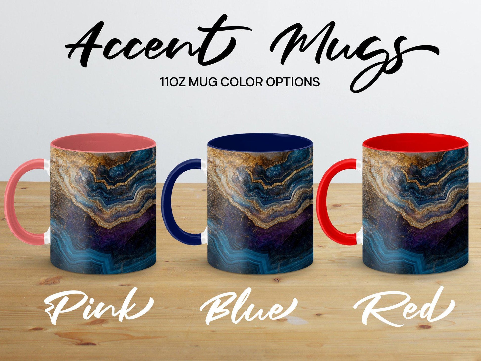 Blue & Gold Agate Wrap-Around Mug, 11oz 15oz Ceramic Coffee Cup, Stunning Swirl Design, Artistic Gift