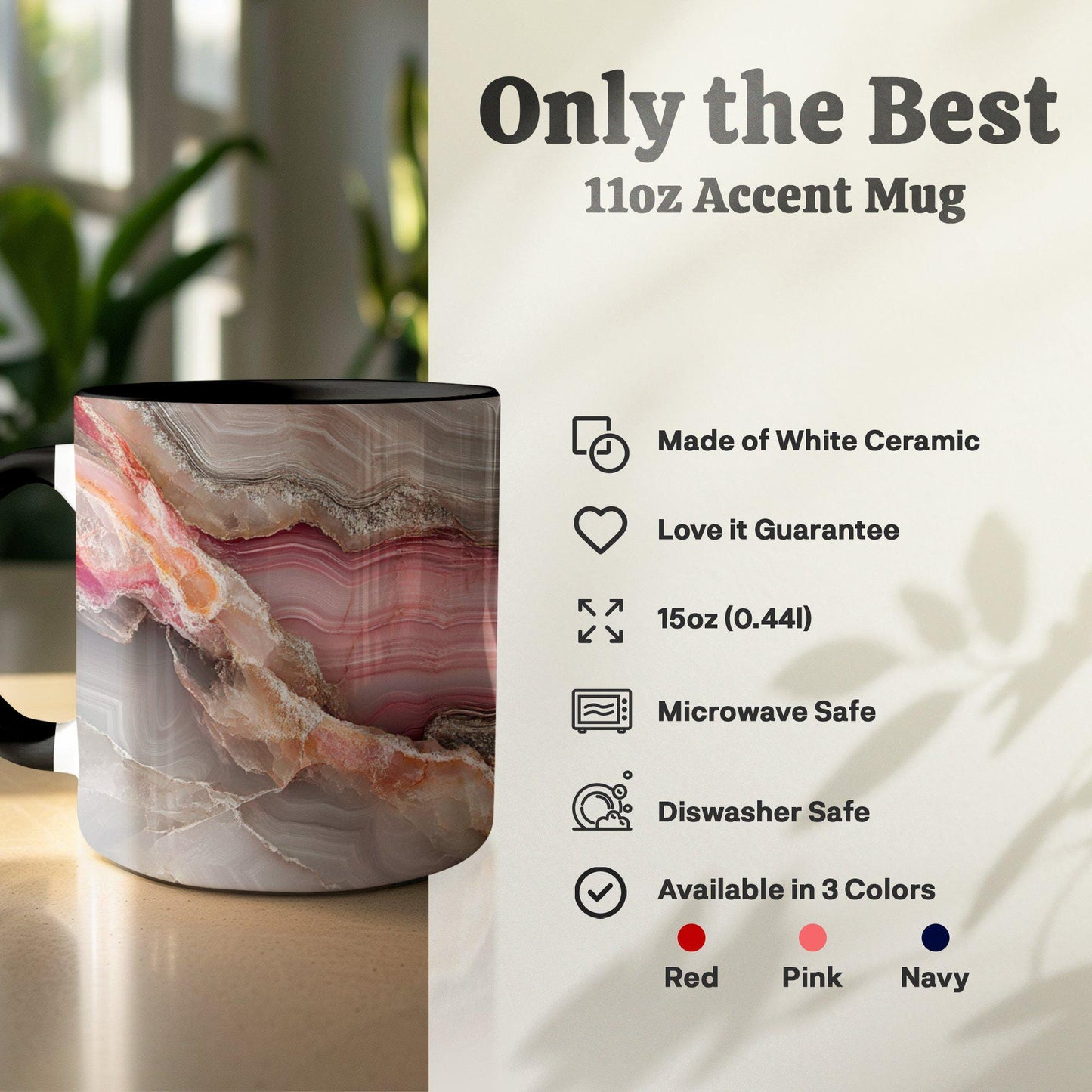 Pink Elegance Agate Wrap-Around Mug, 11oz & 15oz Ceramic Coffee Cup, Soft Pastel Hues, Artistic Gift Idea