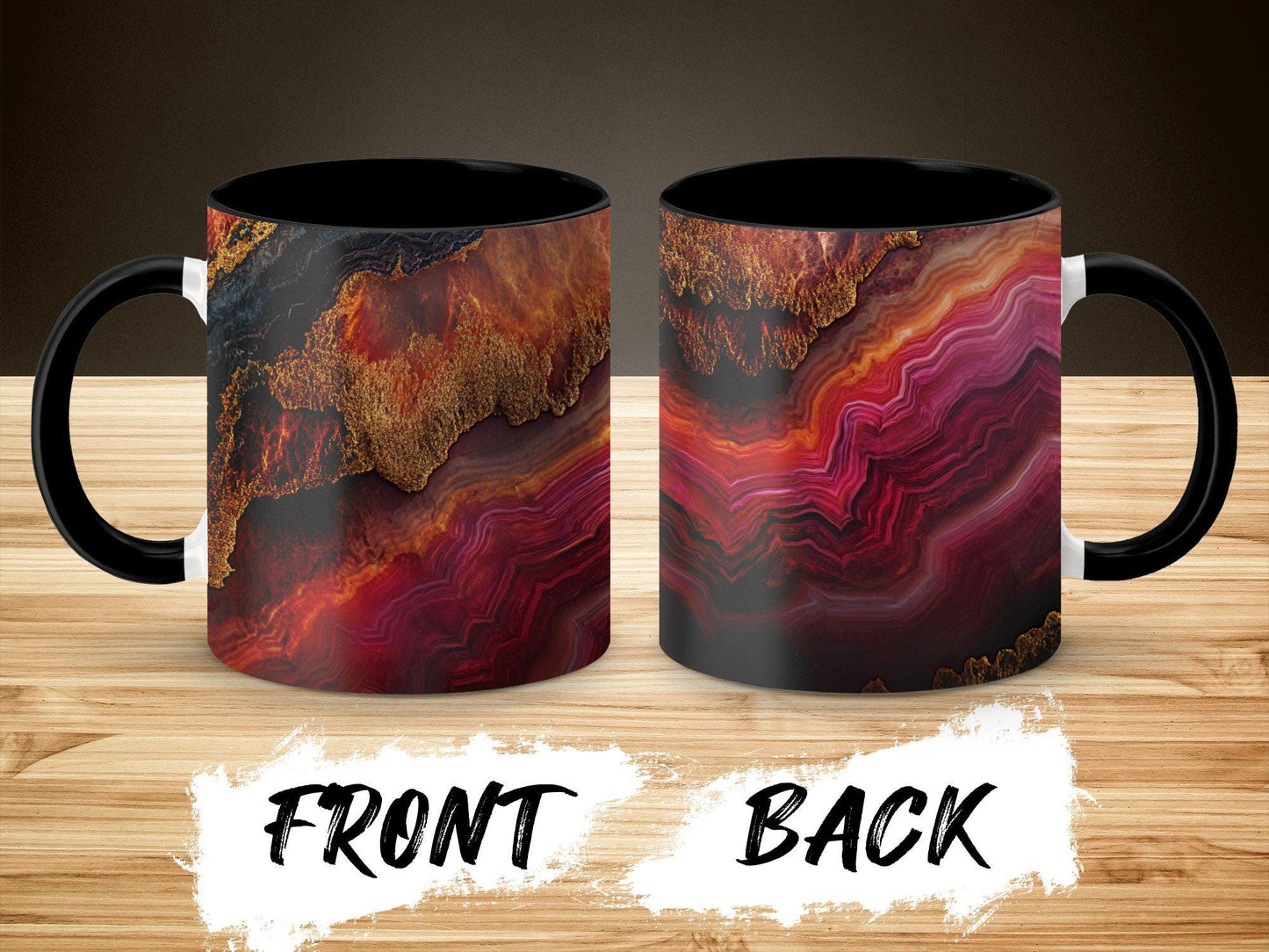 Fiery Agate Wrap-Around Mug, 11oz 15oz Ceramic Coffee Cup, Bold Geode Design with Rich Reds & Gold Accents, Unique Gift Idea