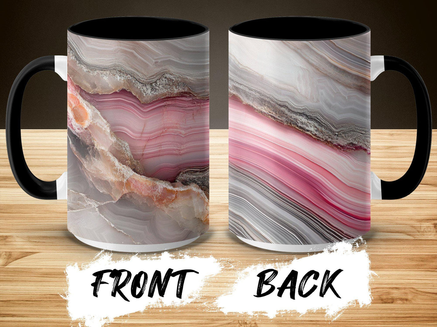 Pink Elegance Agate Wrap-Around Mug, 11oz & 15oz Ceramic Coffee Cup, Soft Pastel Hues, Artistic Gift Idea