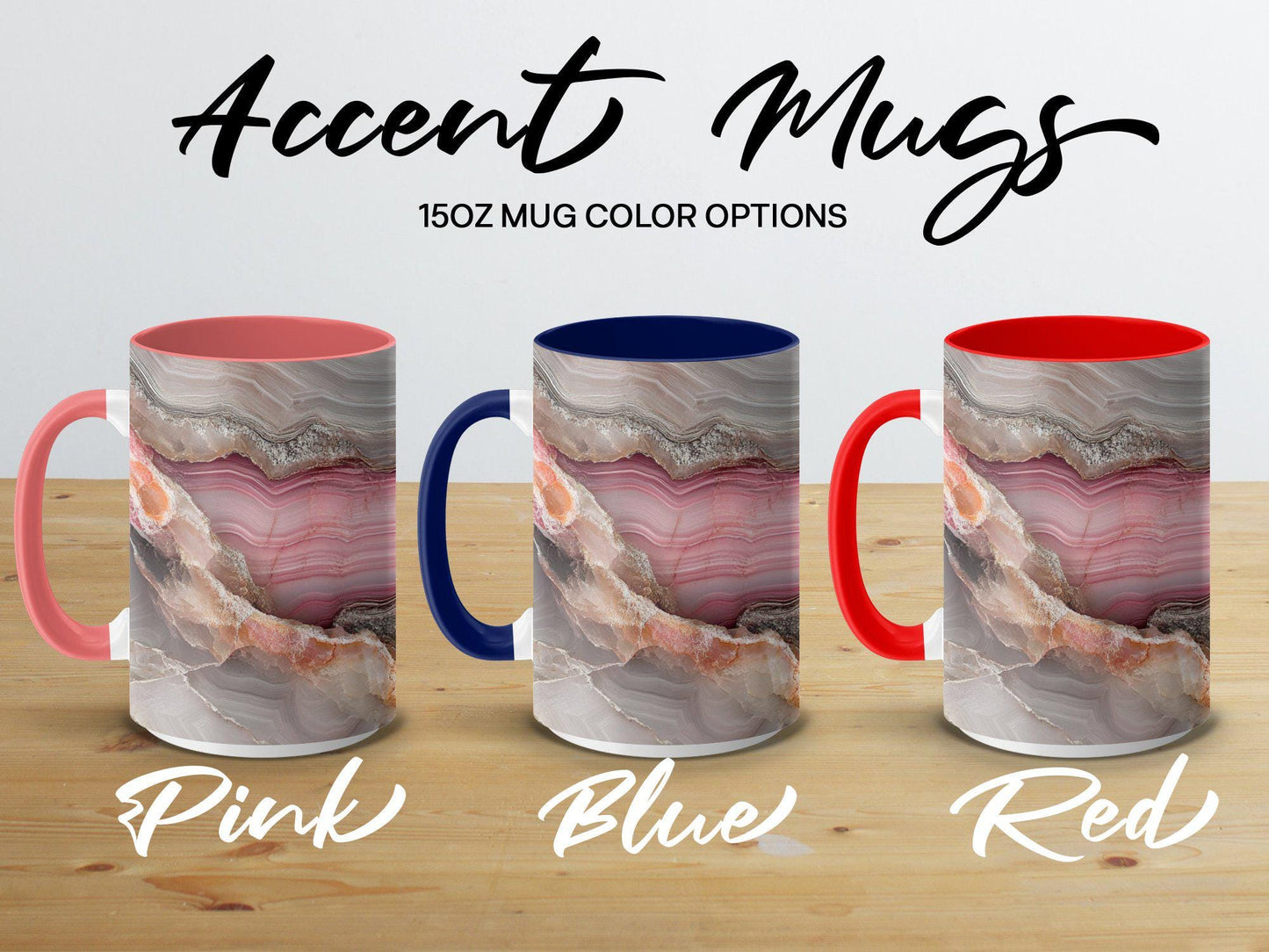 Pink Elegance Agate Wrap-Around Mug, 11oz & 15oz Ceramic Coffee Cup, Soft Pastel Hues, Artistic Gift Idea