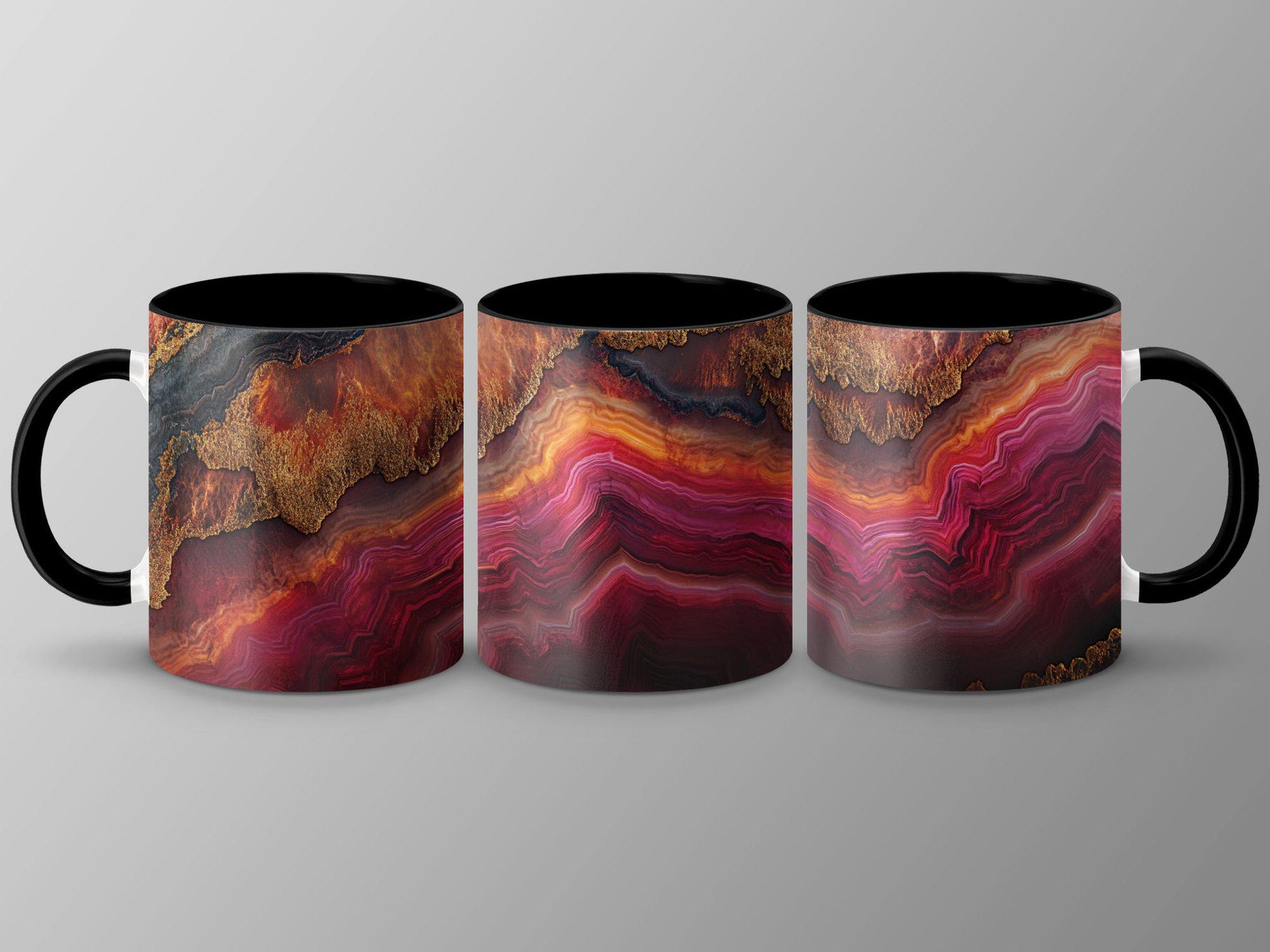 Fiery Agate Wrap-Around Mug, 11oz 15oz Ceramic Coffee Cup, Bold Geode Design with Rich Reds & Gold Accents, Unique Gift Idea