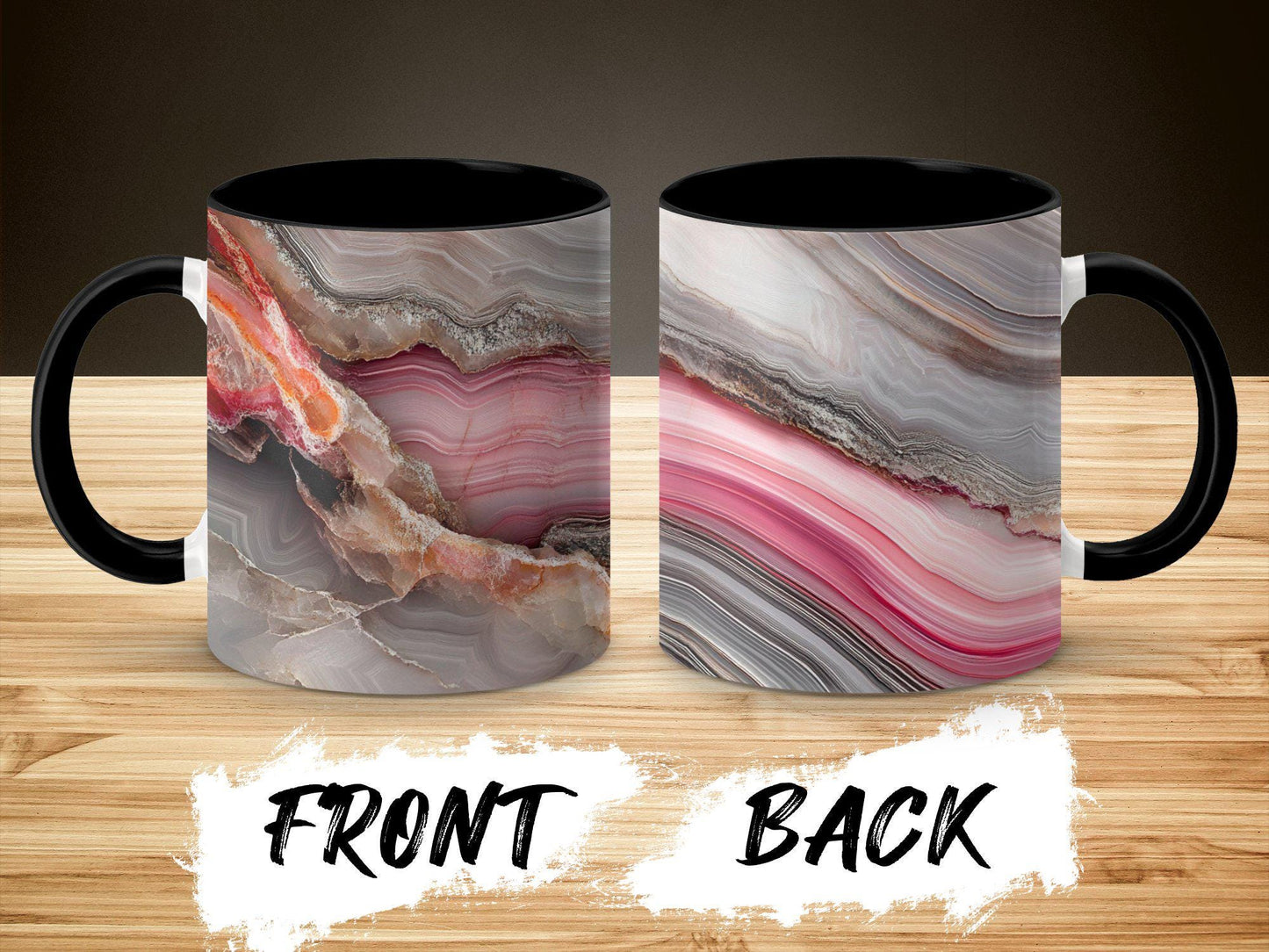 Pink Elegance Agate Wrap-Around Mug, 11oz & 15oz Ceramic Coffee Cup, Soft Pastel Hues, Artistic Gift Idea