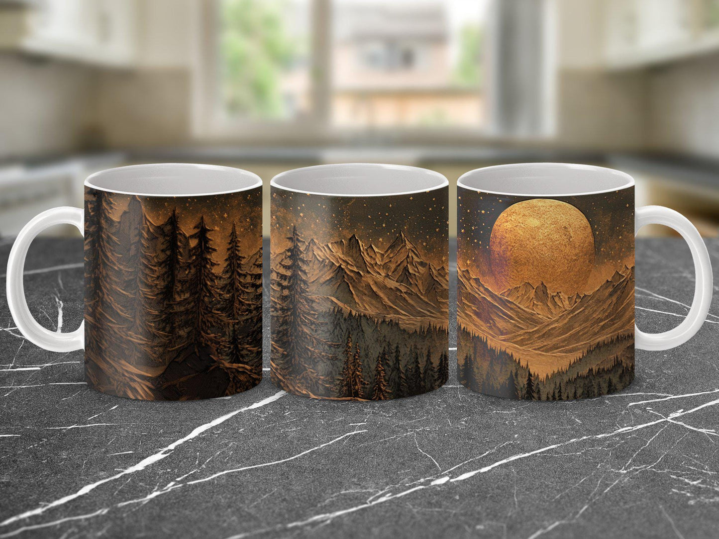 Mountain Moonlit Forest Mug, 11oz & 15oz Ceramic Wrap-Around Coffee Cup, Artistic Woodcut-Style Design