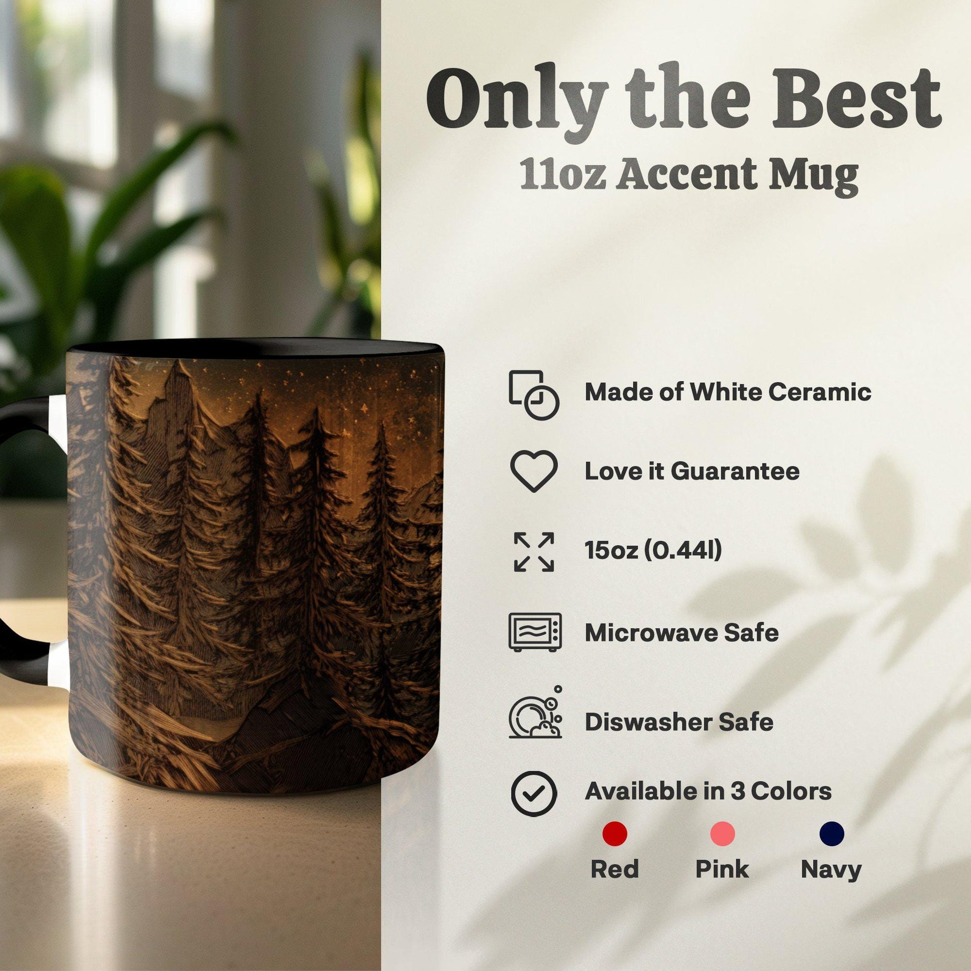 Mountain Moonlit Forest Mug, 11oz & 15oz Ceramic Wrap-Around Coffee Cup, Artistic Woodcut-Style Design