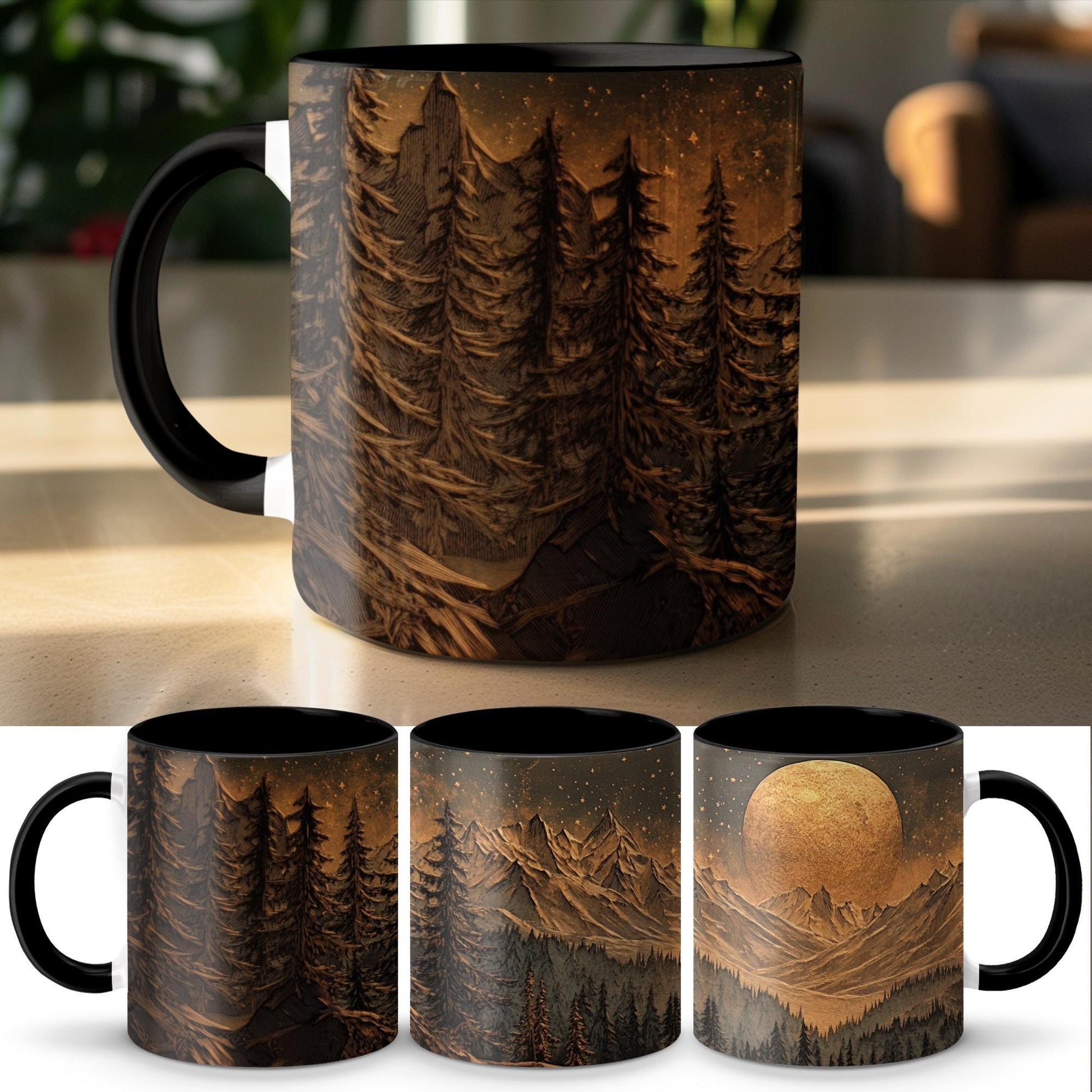 Mountain Moonlit Forest Mug, 11oz & 15oz Ceramic Wrap-Around Coffee Cup, Artistic Woodcut-Style Design