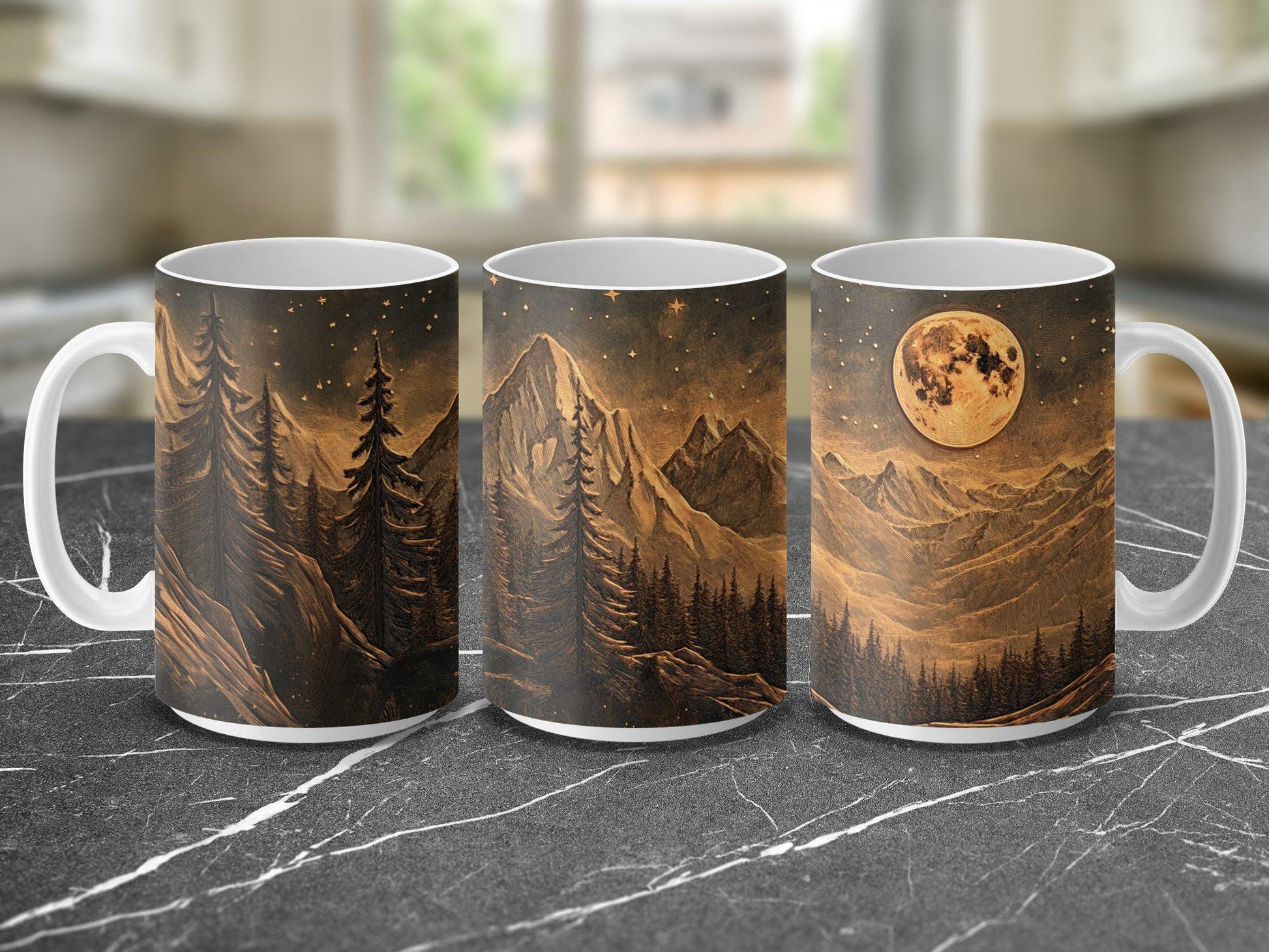 Mountain Moonlight Ceramic Mug, Artistic Woodcut Design, Wrap-Around Landscape Coffee Cup, 11oz & 15oz