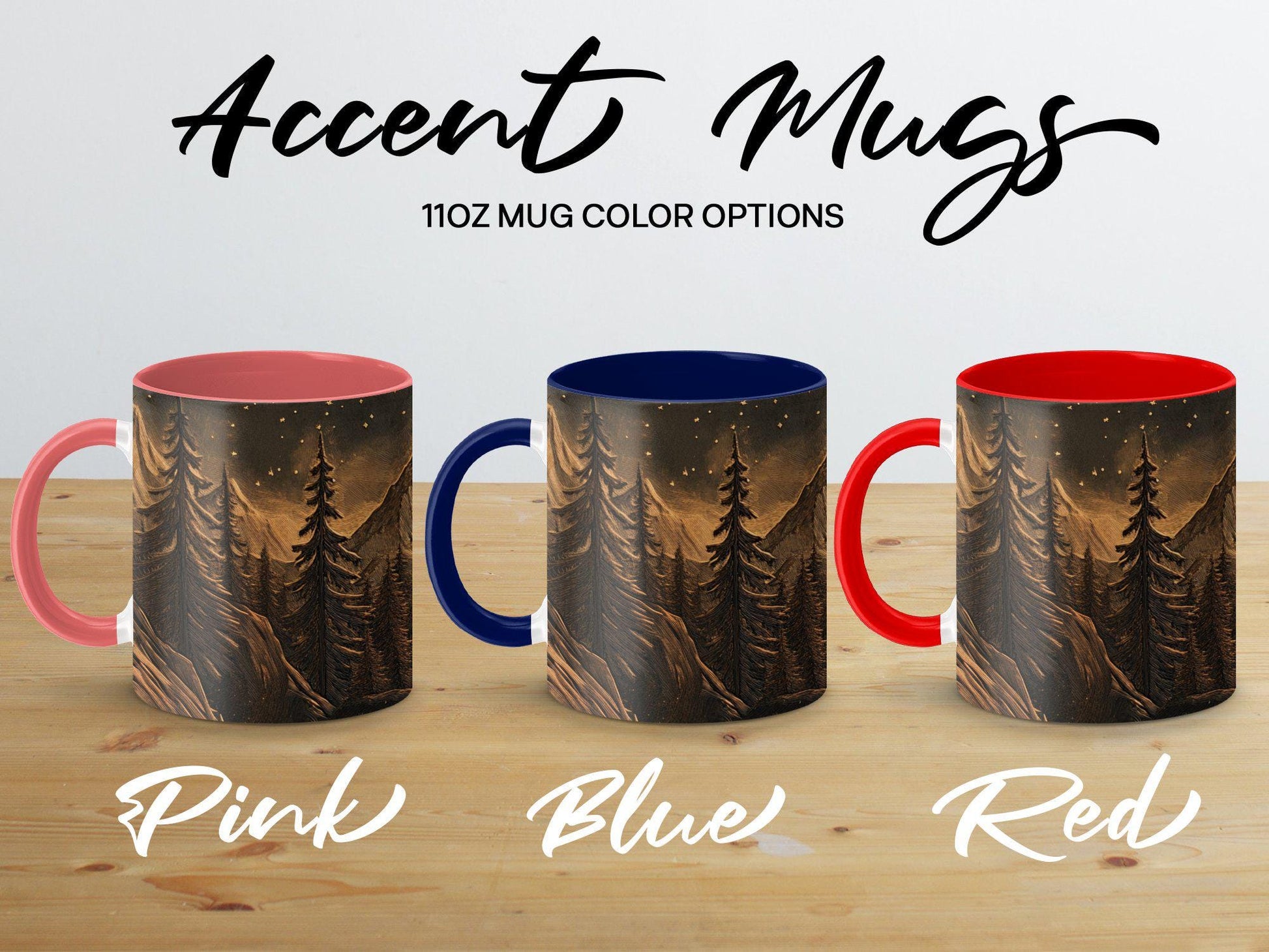 Mountain Moonlight Ceramic Mug, Artistic Woodcut Design, Wrap-Around Landscape Coffee Cup, 11oz & 15oz