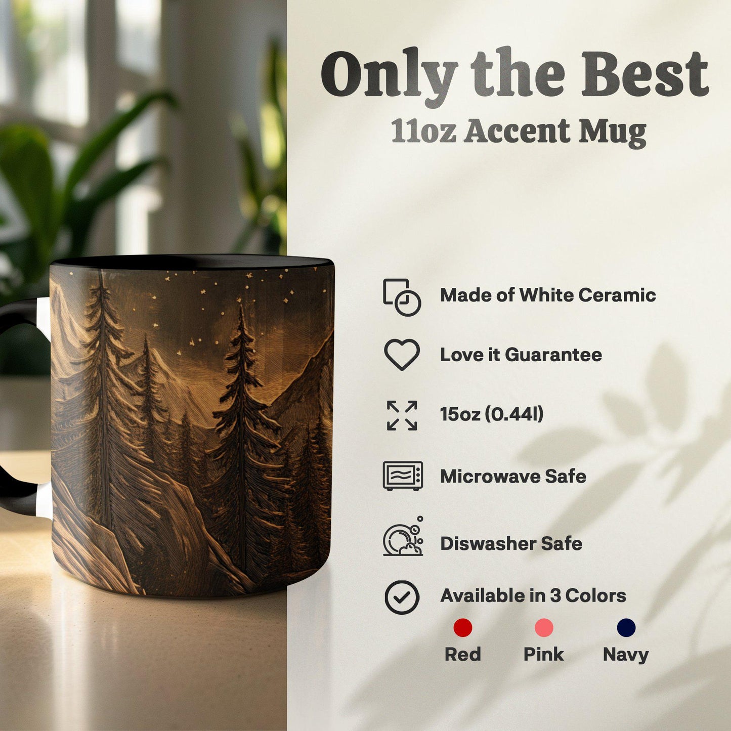 Mountain Moonlight Ceramic Mug, Artistic Woodcut Design, Wrap-Around Landscape Coffee Cup, 11oz & 15oz