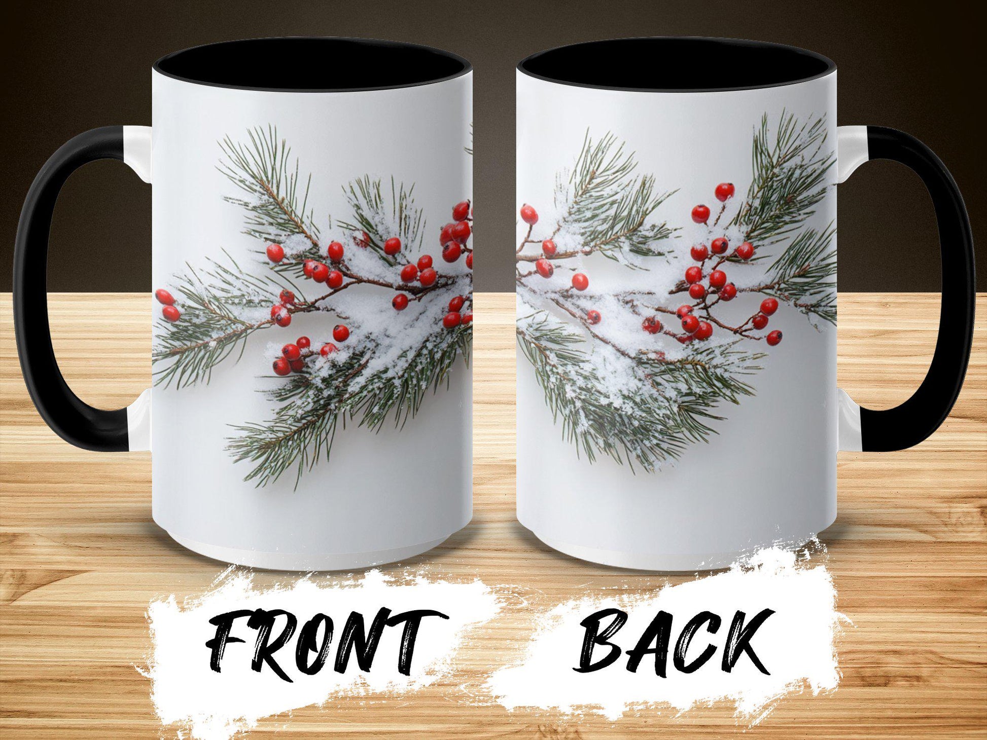 Winter Evergreen and Berries Mug, Snowy Wrap Design, Ceramic Coffee Cup, 11oz & 15oz