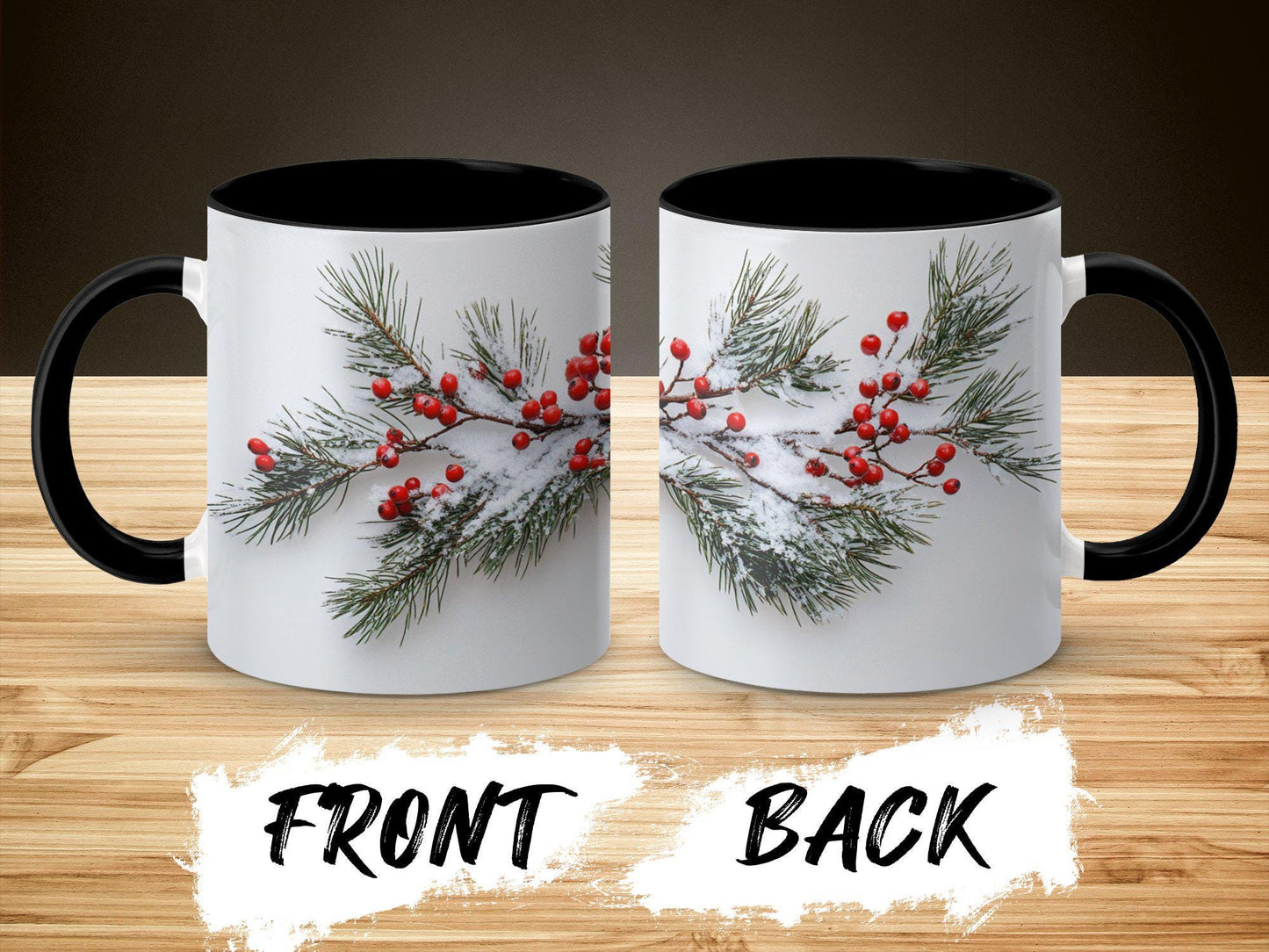 Winter Evergreen and Berries Mug, Snowy Wrap Design, Ceramic Coffee Cup, 11oz & 15oz