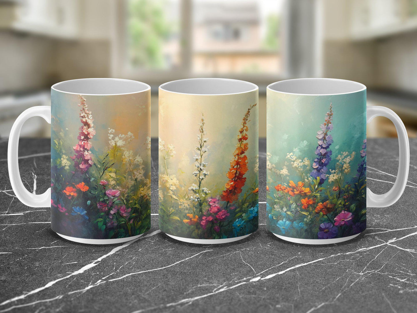 Colorful floral garden mug, Bright flower artwork mug, Vibrant nature inspired coffee mug, Unique artistic tea mug, Spring bloom cup