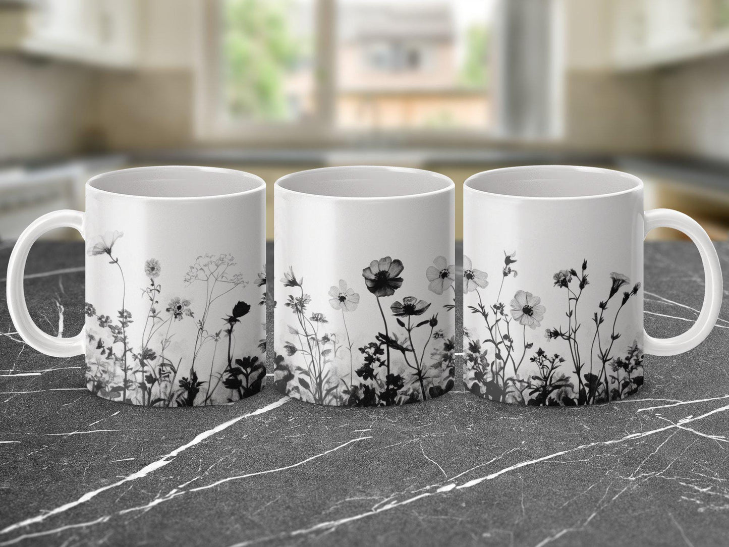 Black and White Floral Mug, Wildflower Sketch Coffee Cup, Botanical Art Tea Mug, Nature Inspired Flower Mug, Unique Gift Idea for Her