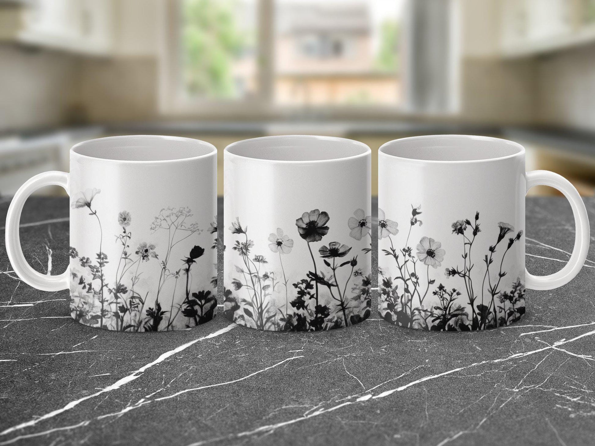 Black and White Floral Mug, Wildflower Sketch Coffee Cup, Botanical Art Tea Mug, Nature Inspired Flower Mug, Unique Gift Idea for Her