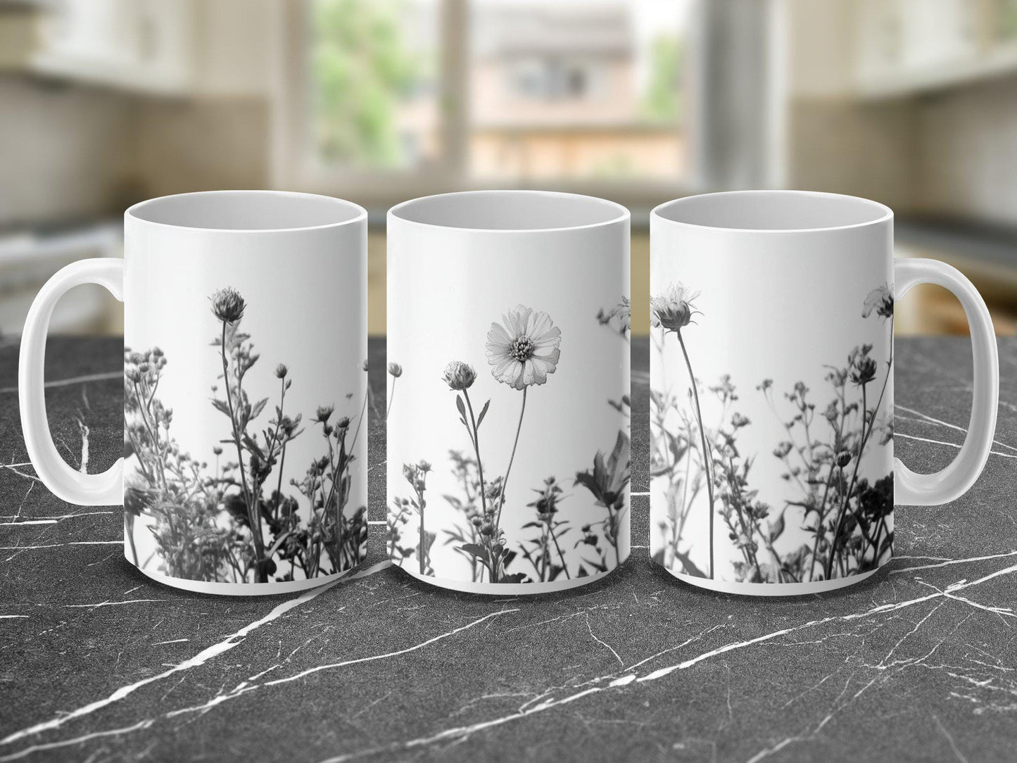 Black and White Floral Mug, Botanical Art Coffee Cup, Unique Flower Design Mug, Monochrome Mug for Nature Lovers, Gift for Plant Enthusiasts